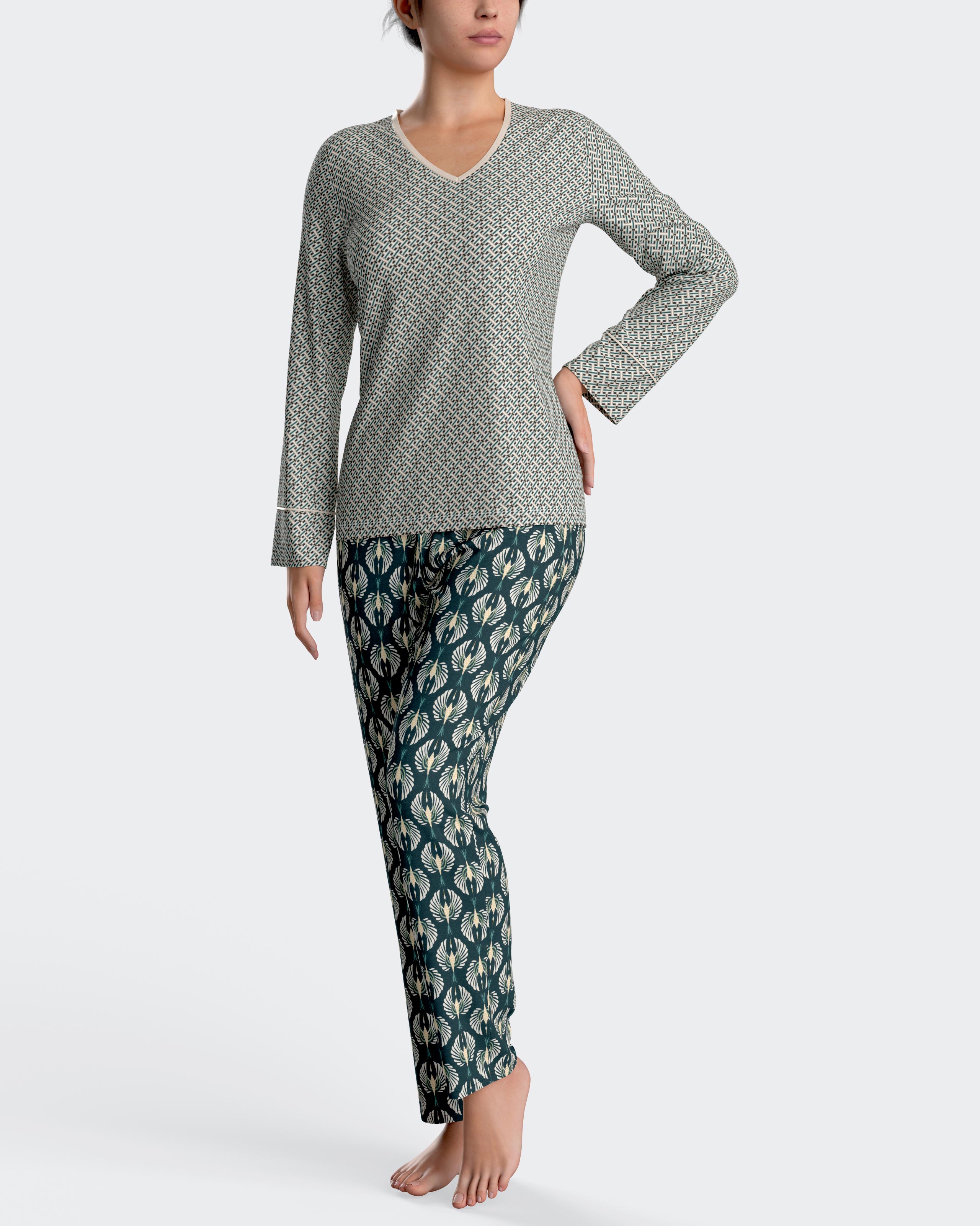 Pijama de mujer largo estampado en algodón modal - Impetus - Verde Verde-1