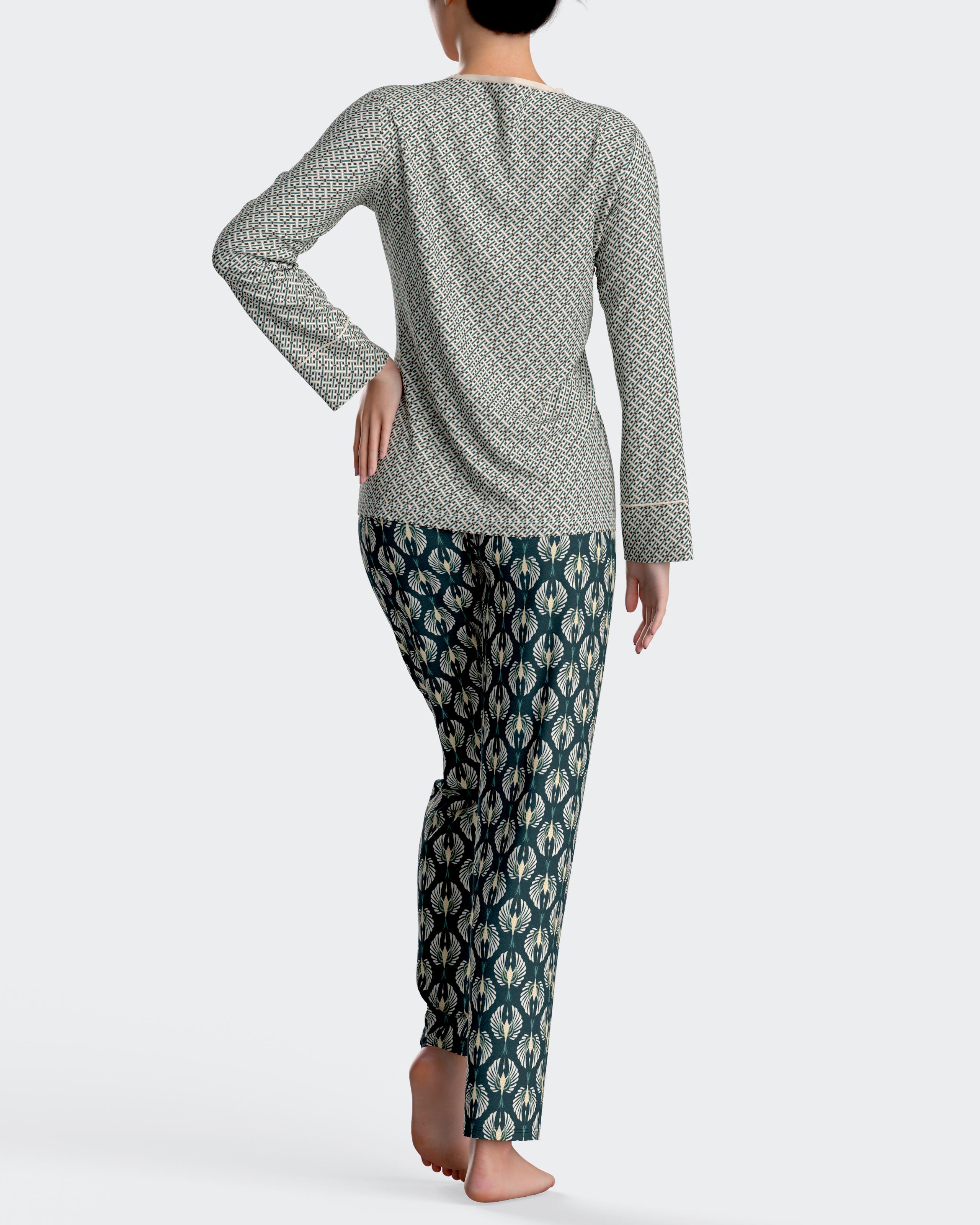Pijama de mujer largo estampado en algodón modal - Impetus - Verde Verde-2