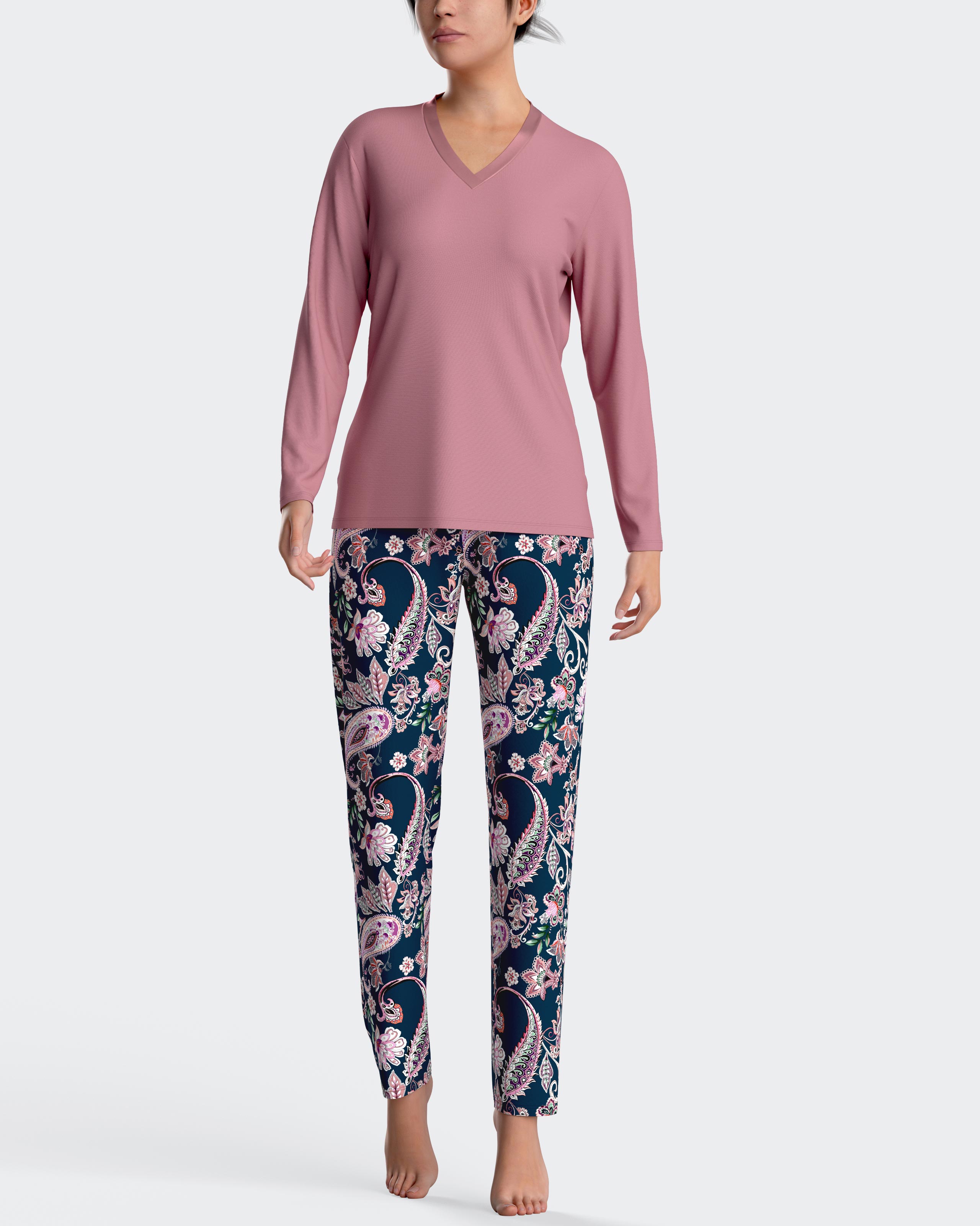 Pijama de mujer largo con estampado paisley en algodón modal - Impetus - Rosa / Azul marino Rosa / Azul marino-1