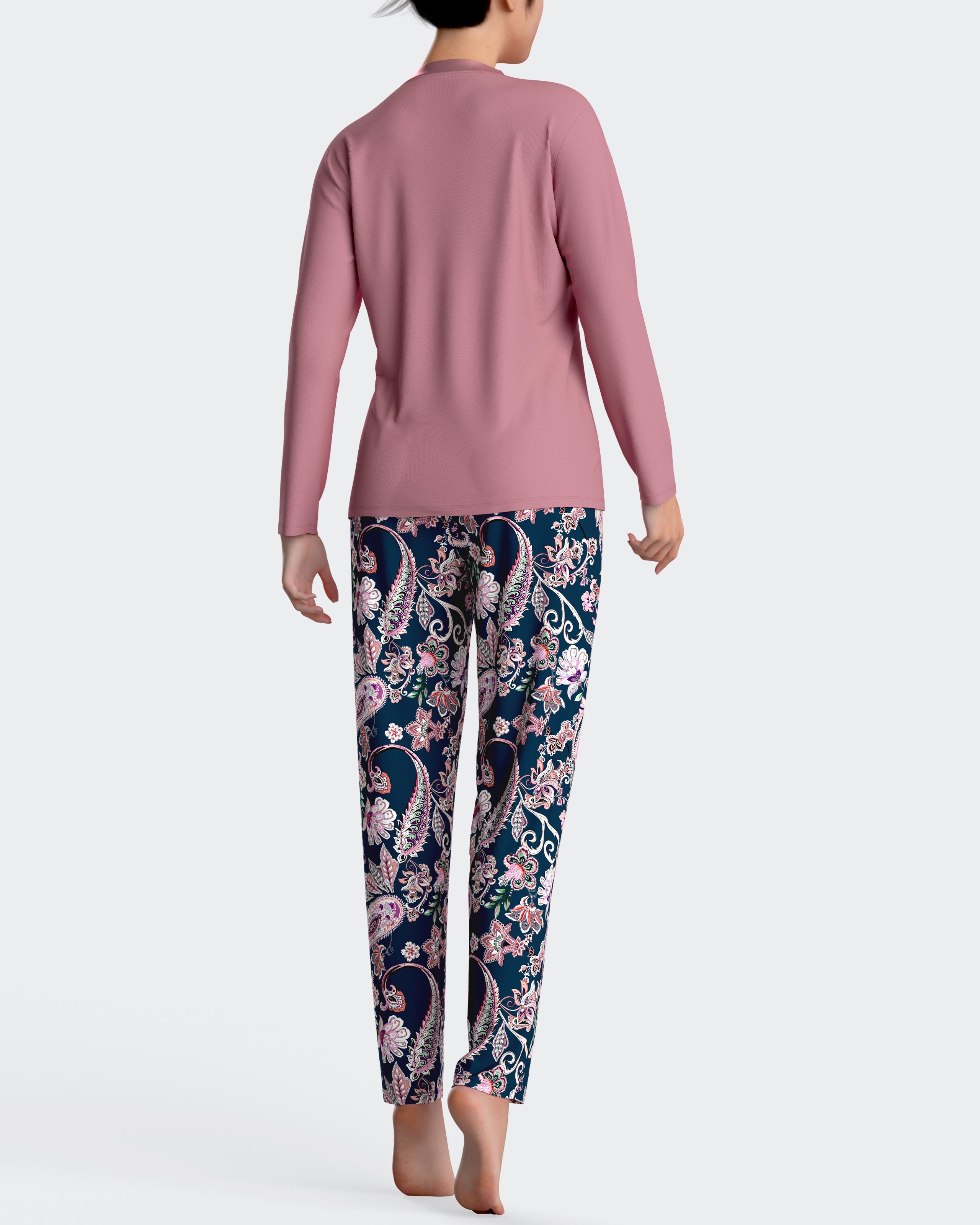 Pijama de mujer largo con estampado paisley en algodón modal - Impetus - Rosa / Azul marino Rosa / Azul marino-2