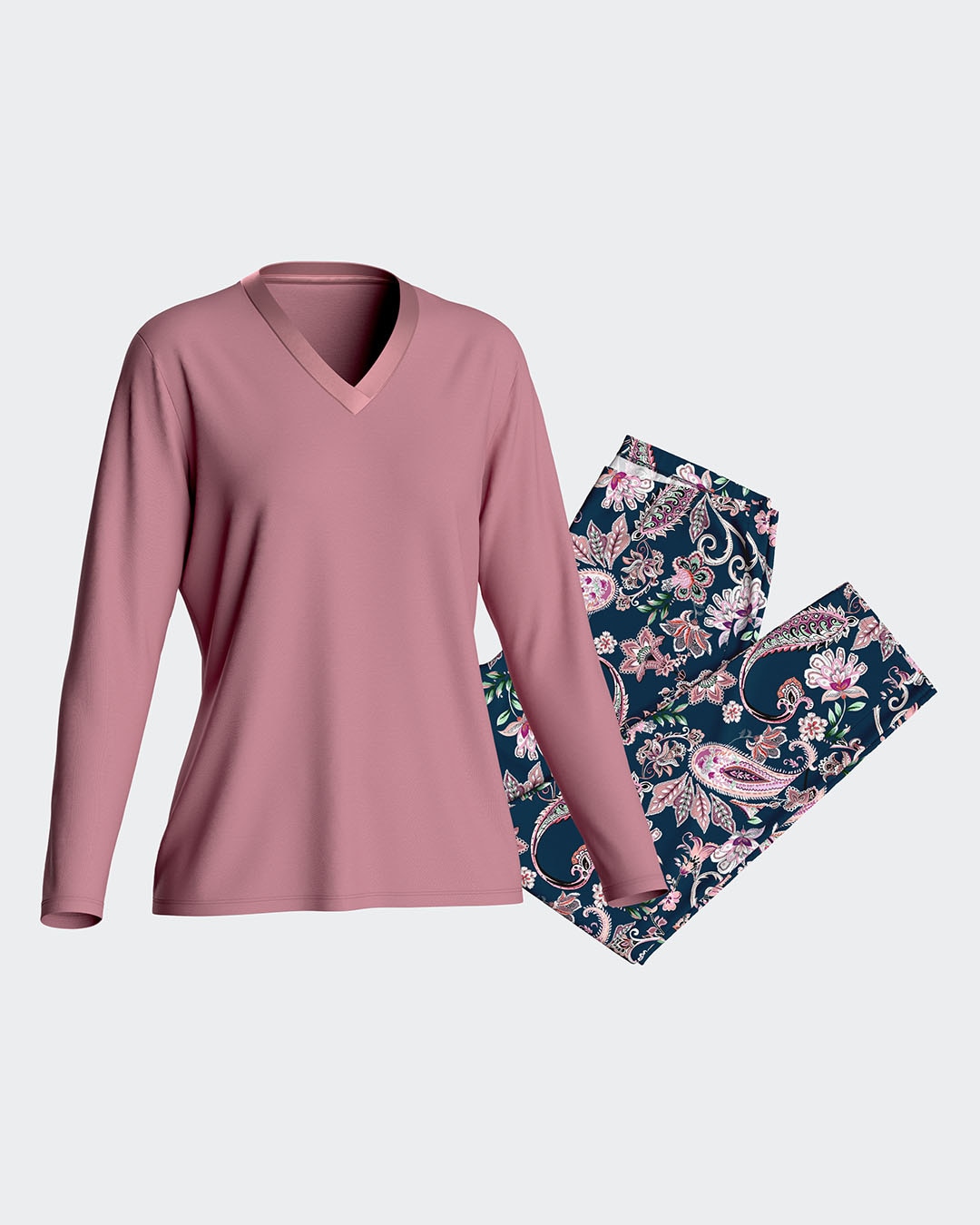 Pijama de mujer largo con estampado paisley en algodón modal - Impetus - Rosa / Azul marino Rosa / Azul marino-3