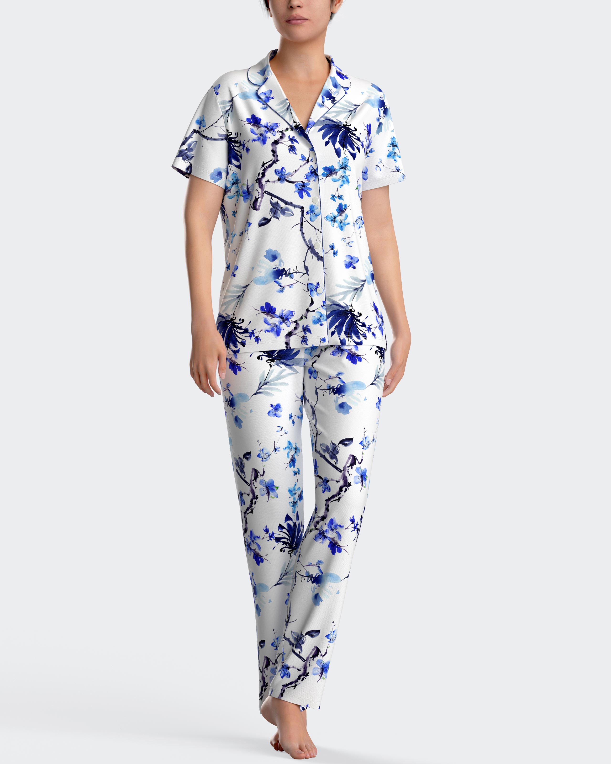 Pijama de mujer de manga corta con pantalón largo - Impetus - Blanco / Azul Blanco / Azul-1