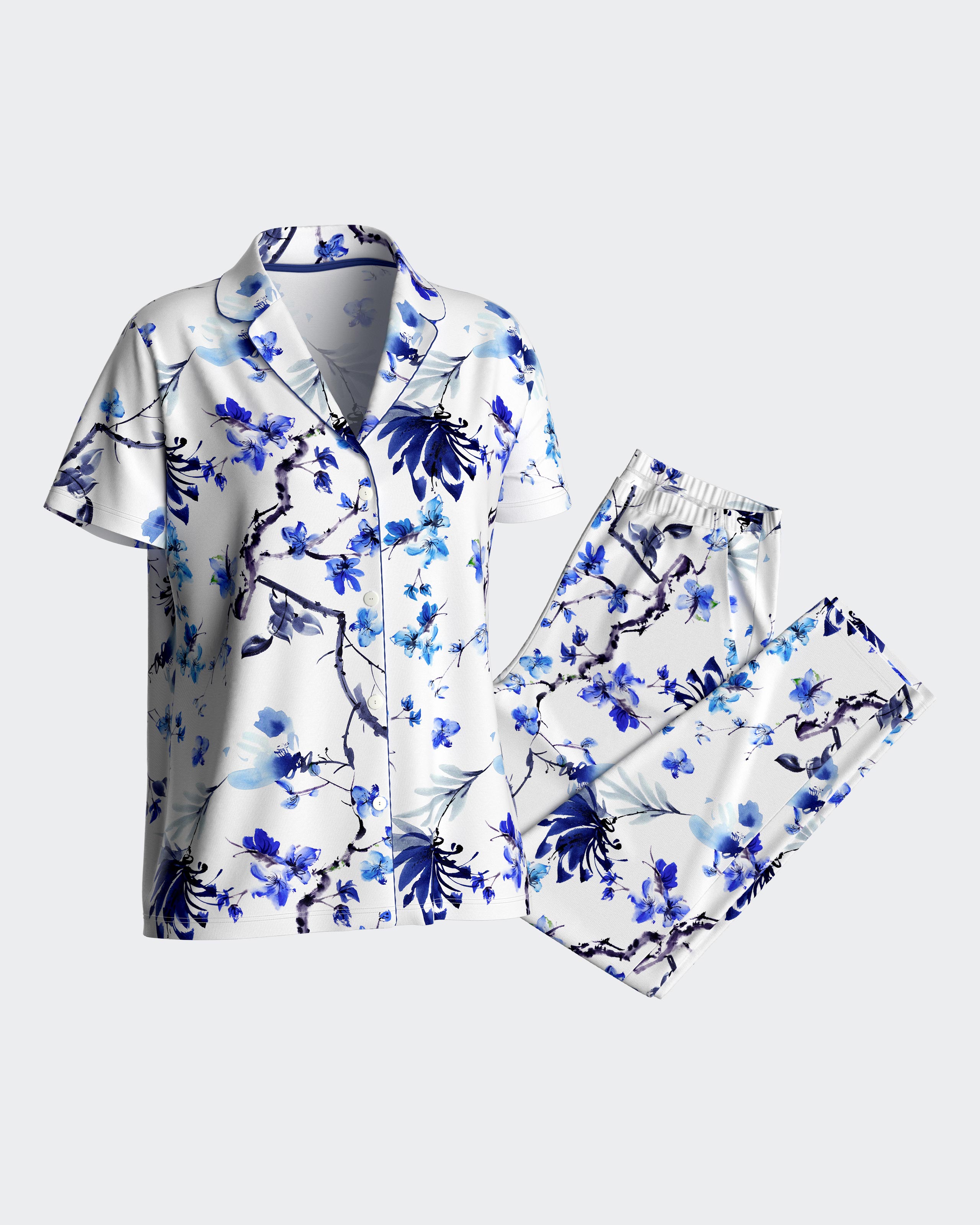 Pijama de mujer de manga corta con pantalón largo - Impetus - Blanco / Azul Blanco / Azul-3