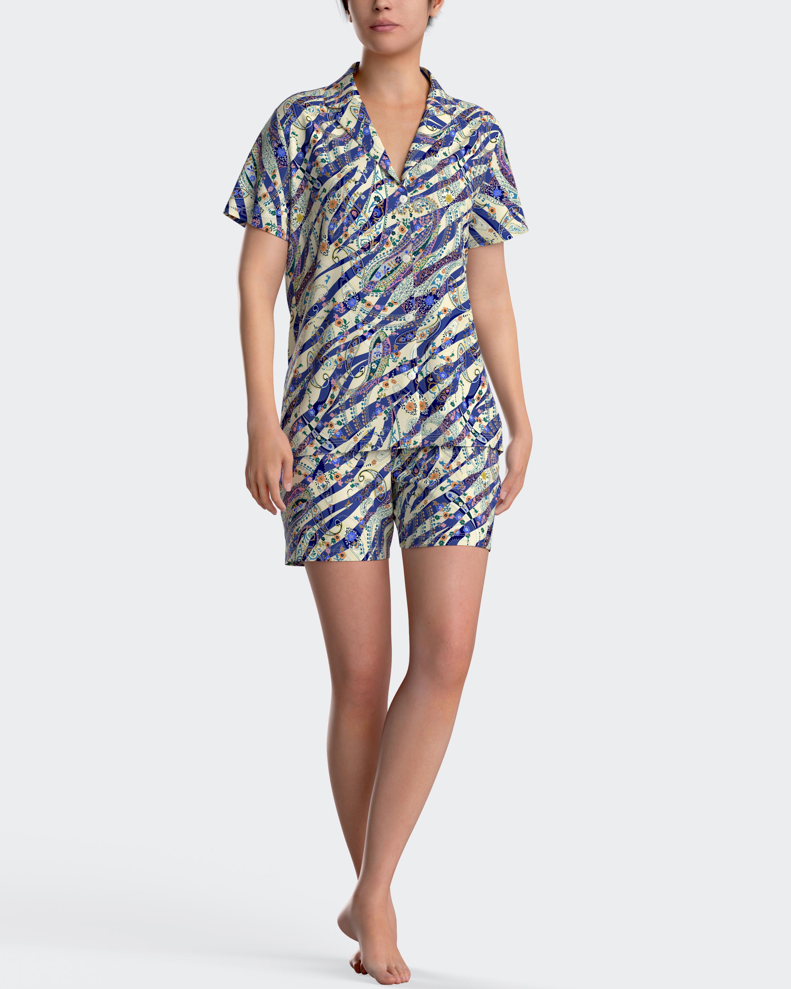 Pijama de mujer corto con botones estampado - Impetus - Azul/Beige Azul/Beige-1