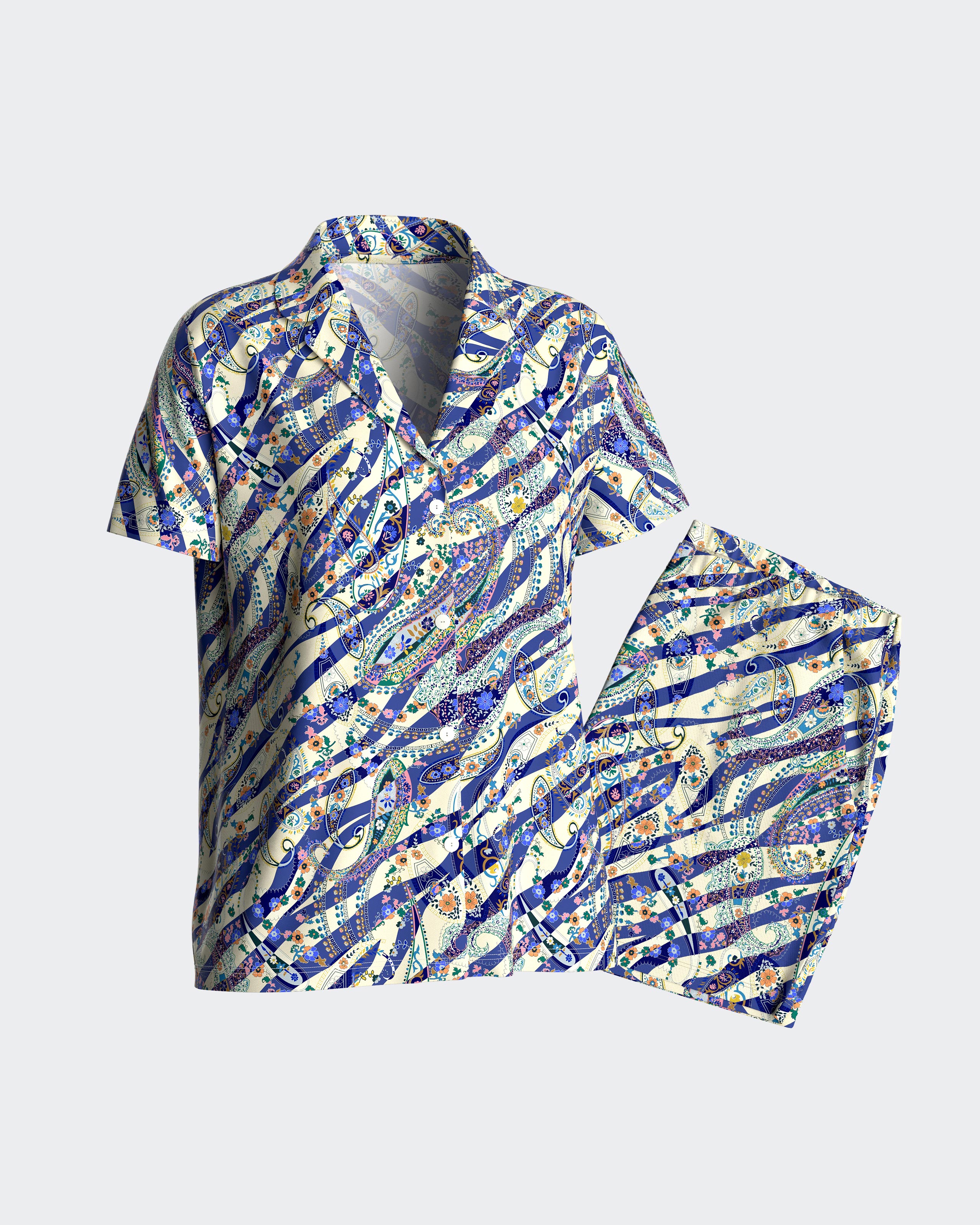 Pijama de mujer corto con botones estampado - Impetus - Azul/Beige Azul/Beige-3