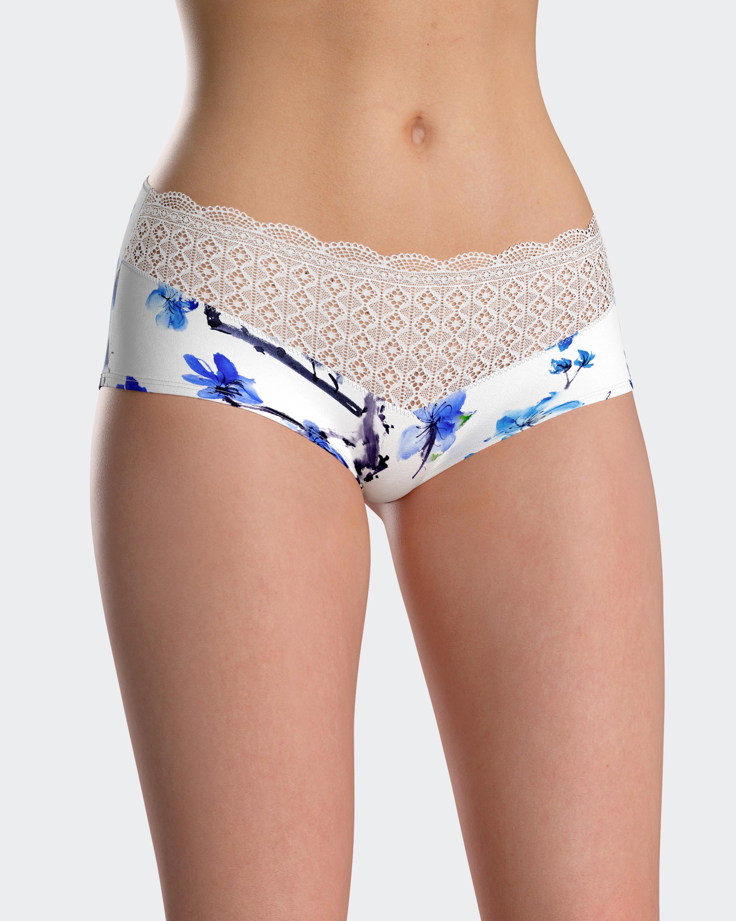 Culotte hipster con encaje y estampado floral - Impetus - Azul / Blanco Azul / Blanco-1
