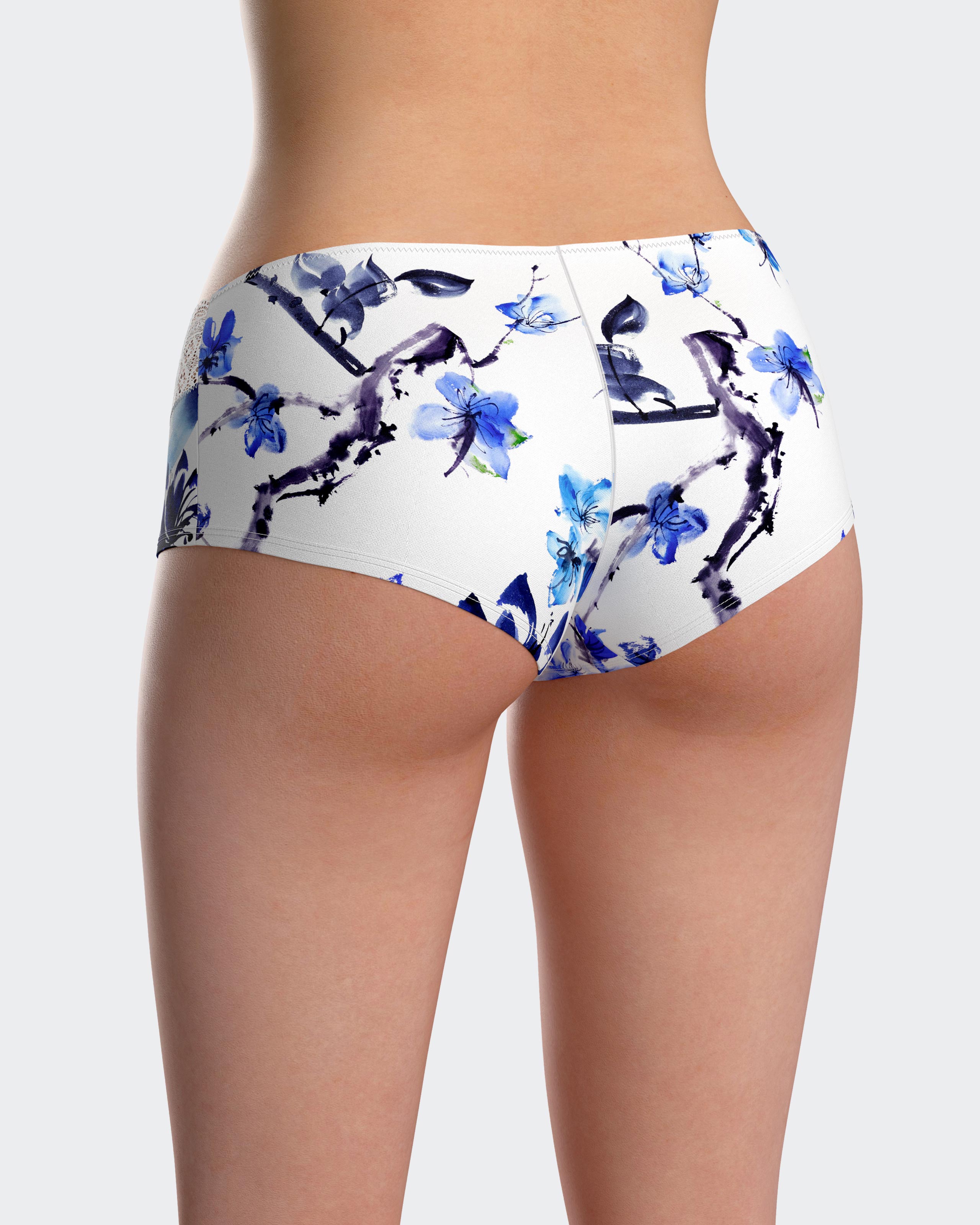 Culotte hipster con encaje y estampado floral - Impetus - Azul / Blanco Azul / Blanco-2