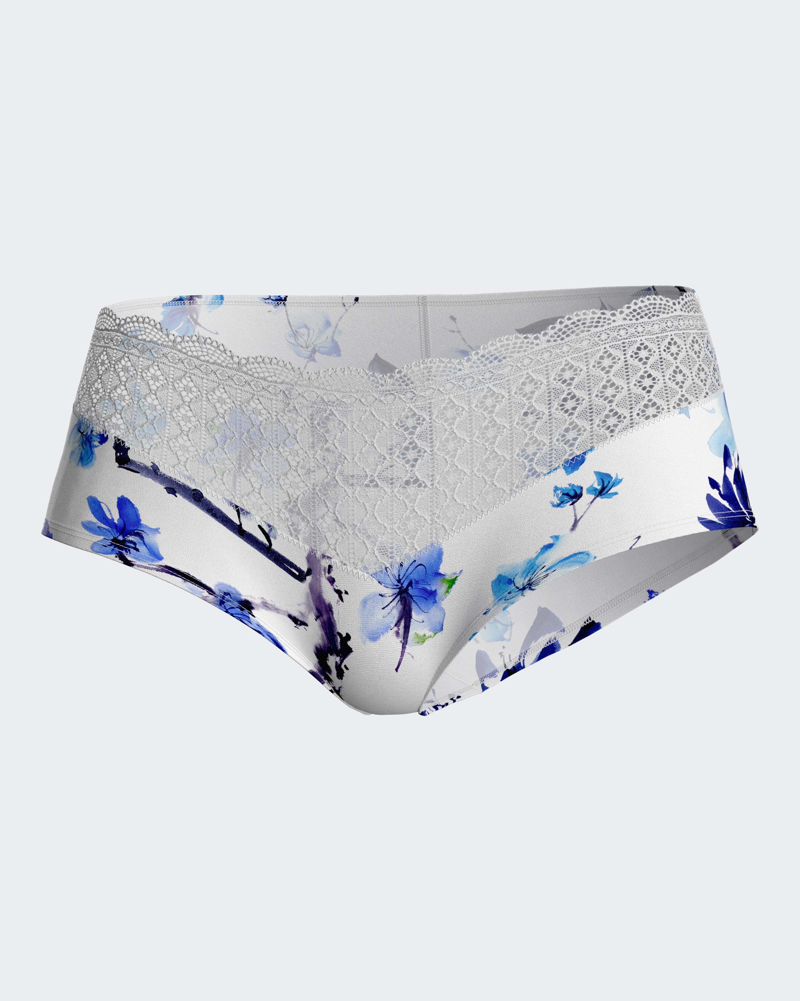 Culotte hipster con encaje y estampado floral - Impetus - Azul / Blanco Azul / Blanco-3