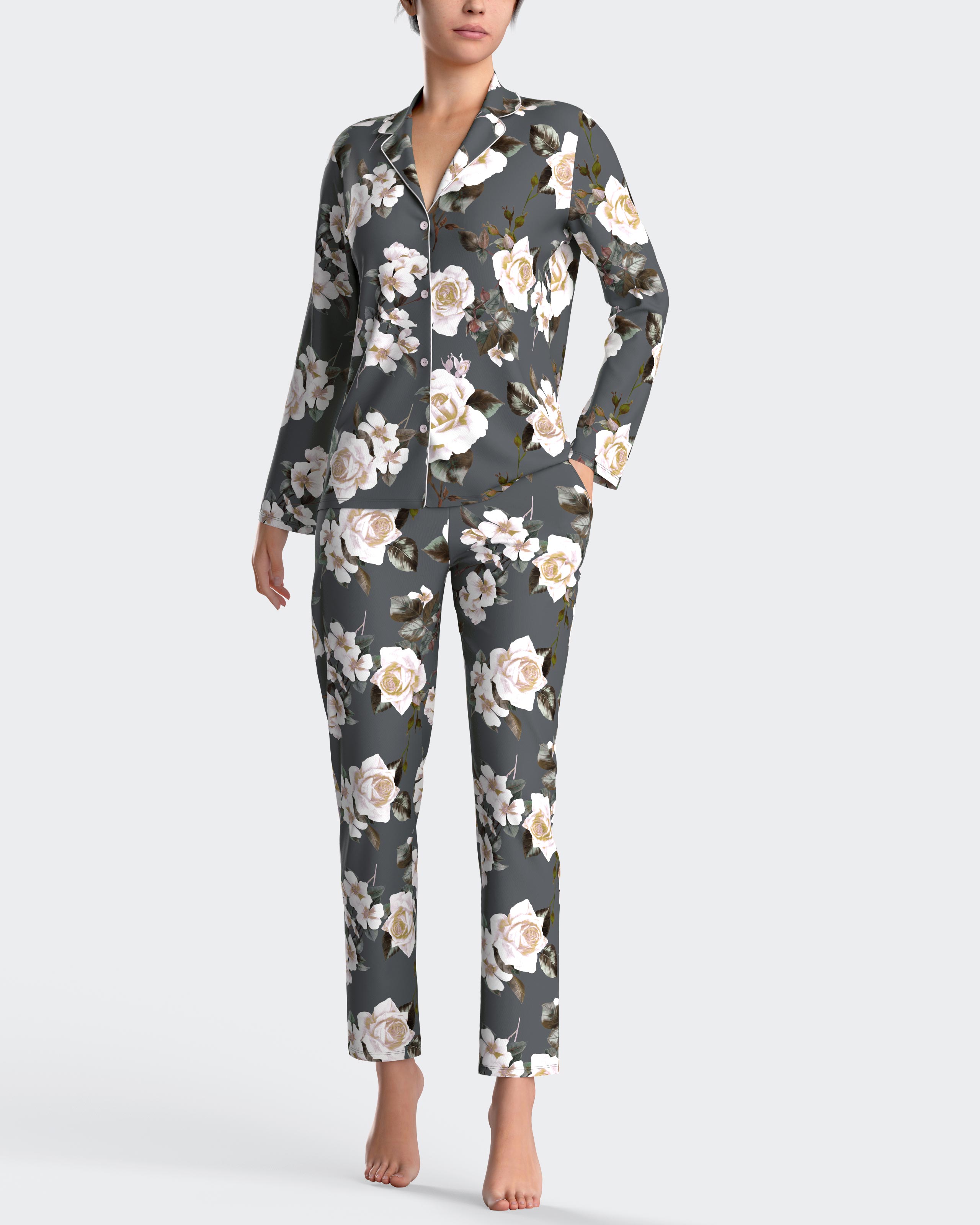 Pijama de mujer largo con botones y estampado floral - Impetus - Gris Gris-1