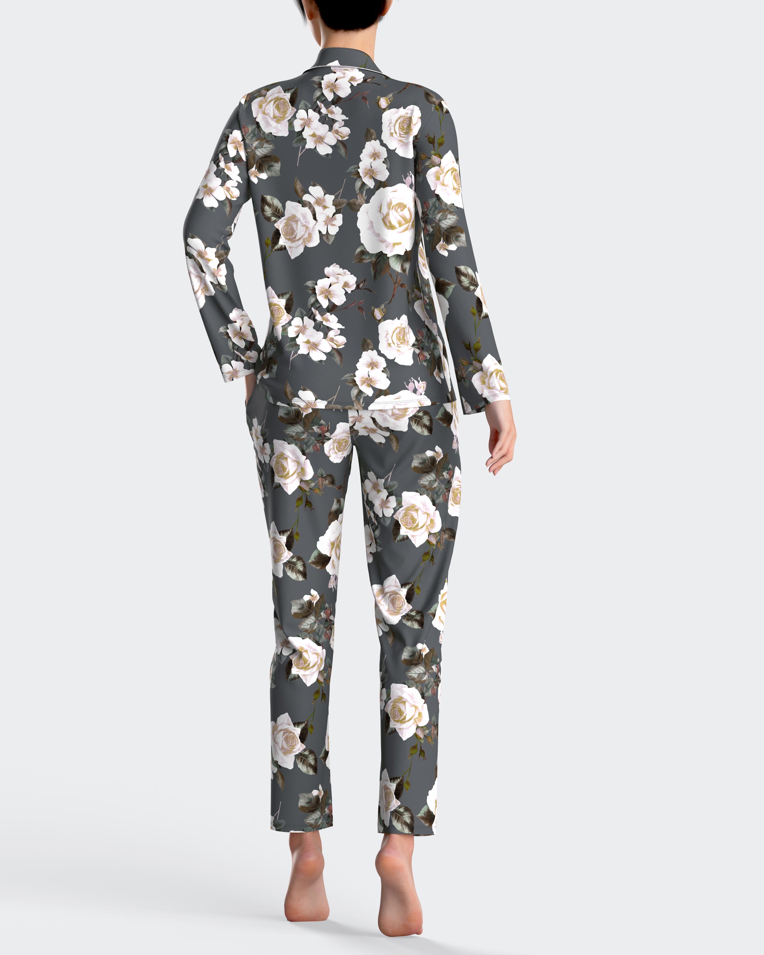 Pijama de mujer largo con botones y estampado floral - Impetus - Gris Gris-2
