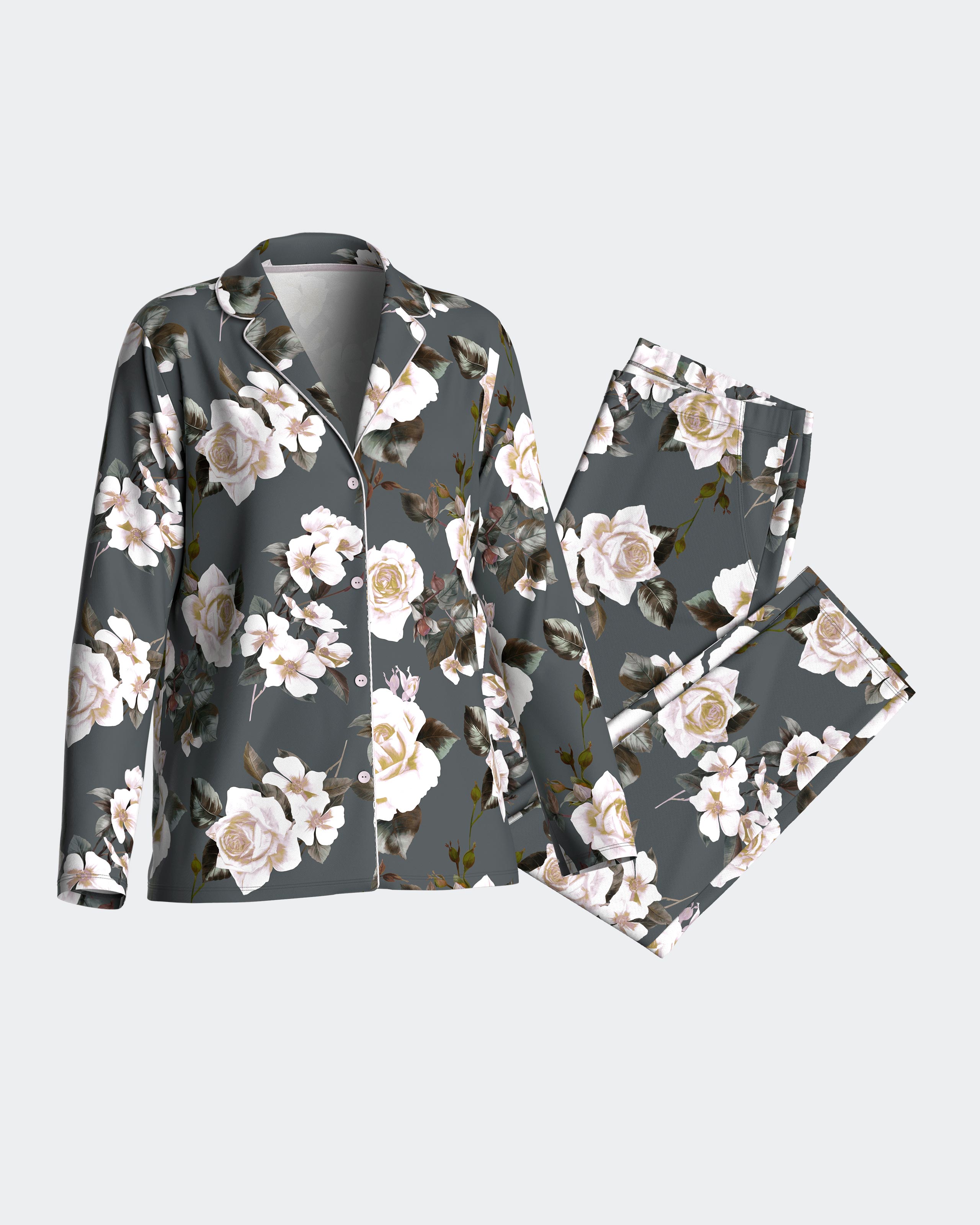 Pijama de mujer largo con botones y estampado floral - Impetus - Gris Gris-3