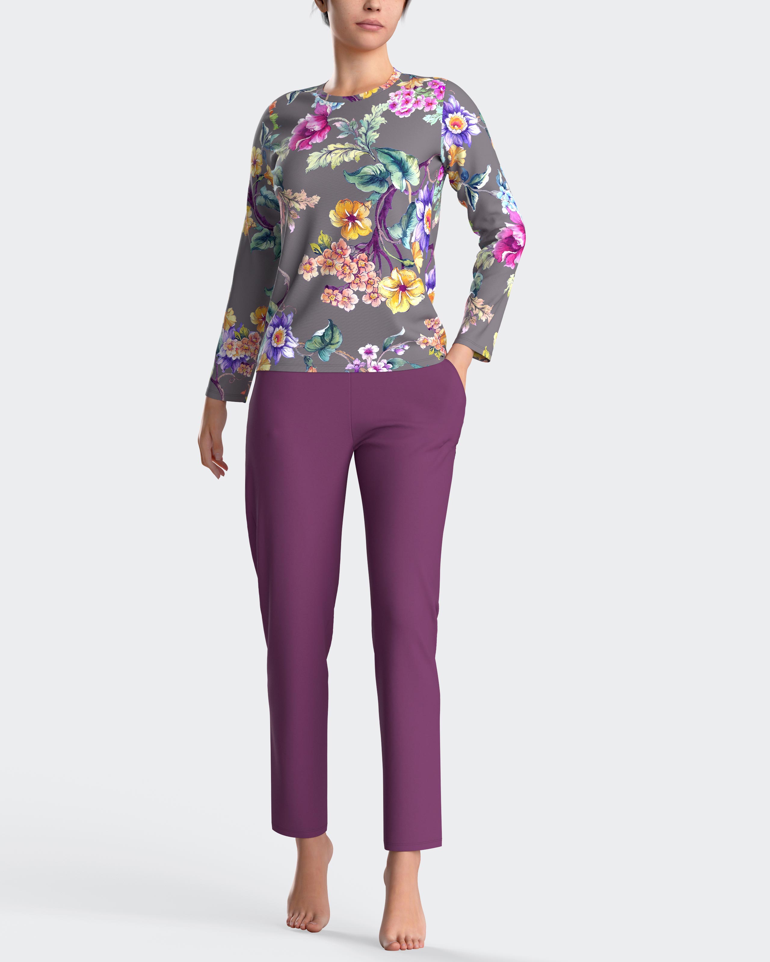 Pijama de mujer largo con estampado floral - Impetus - Gris Gris-1
