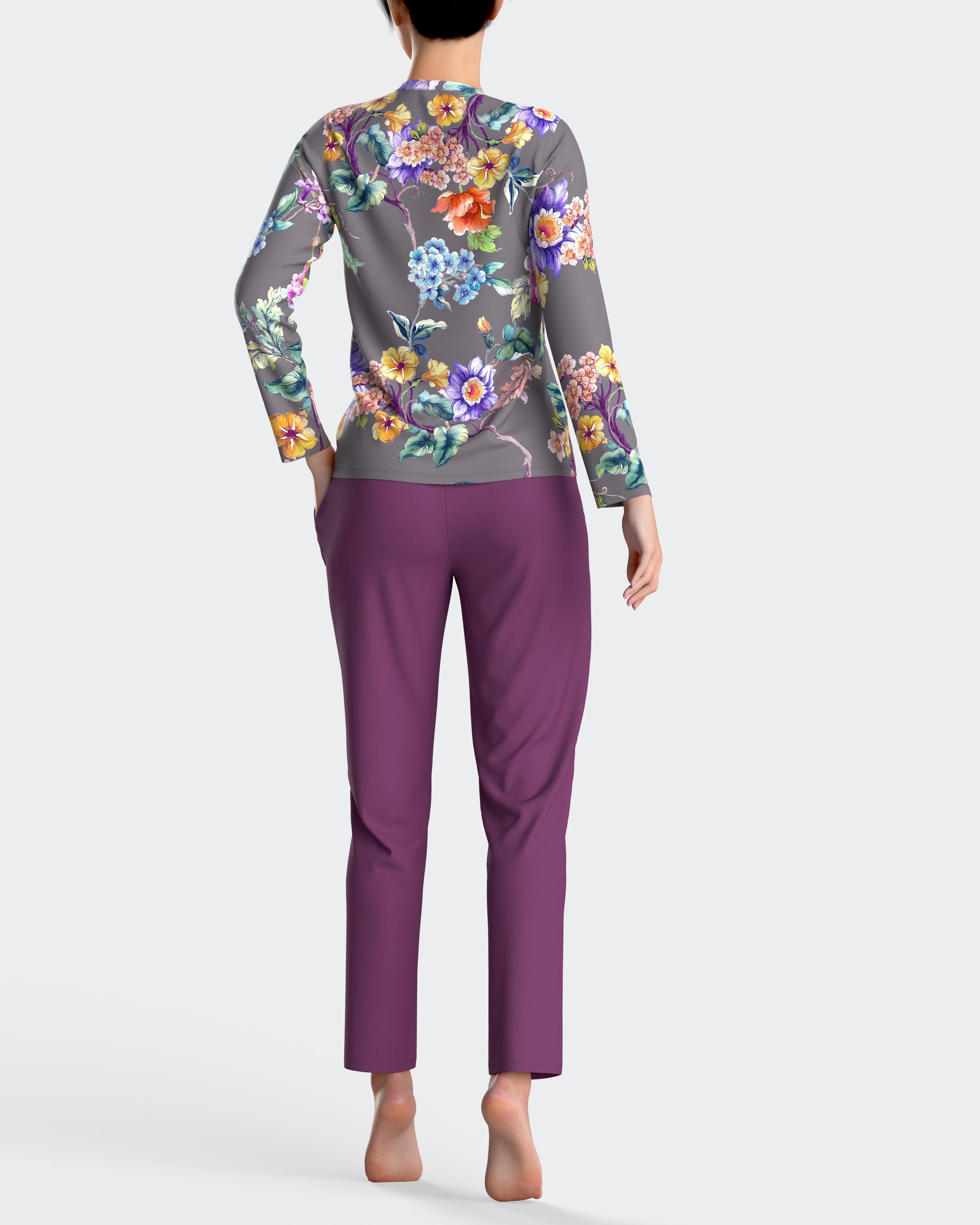 Pijama de mujer largo con estampado floral - Impetus - Gris Gris-2
