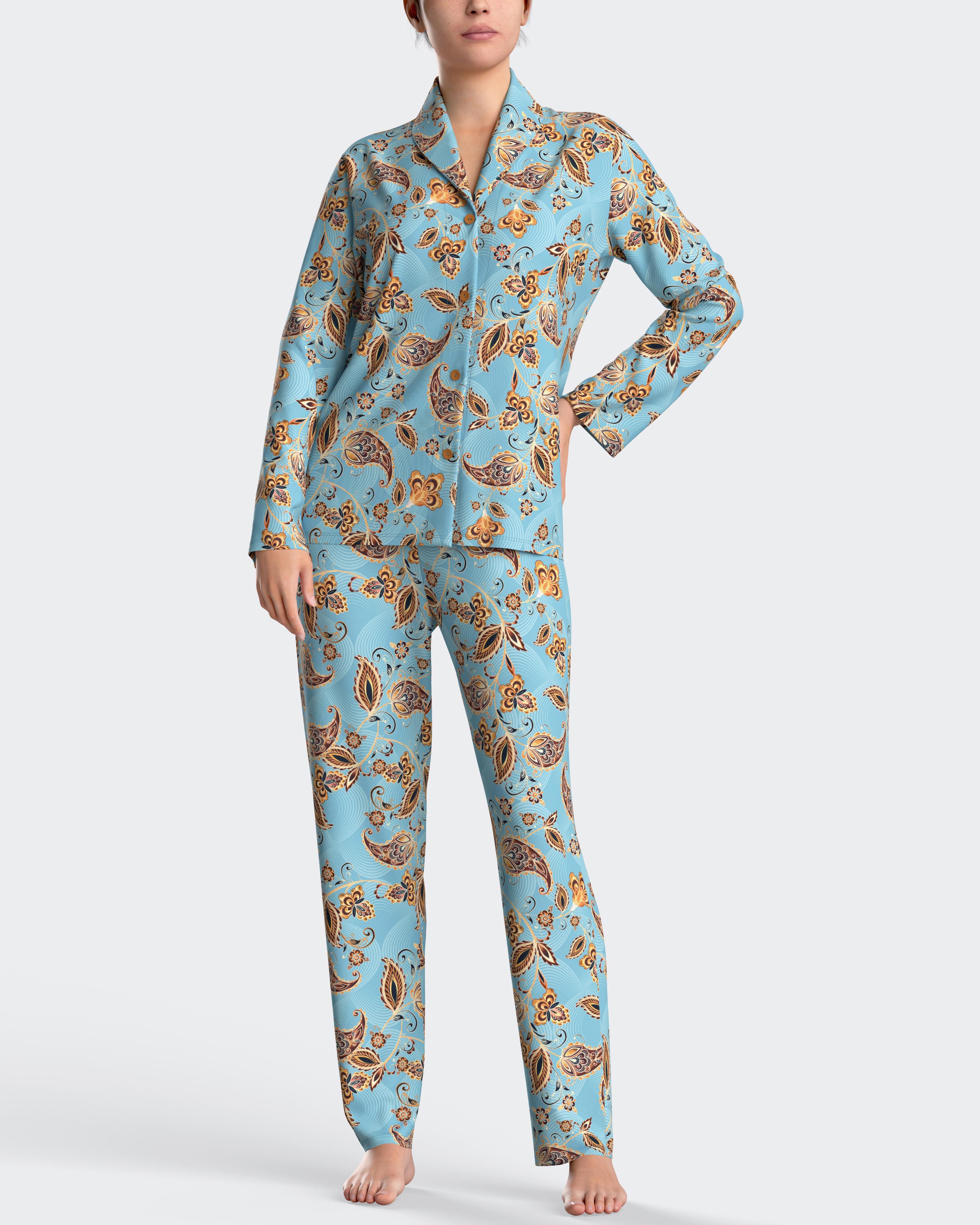 Pijama de mujer largo con botones estampado paisley - Impetus - Azul Azul-1