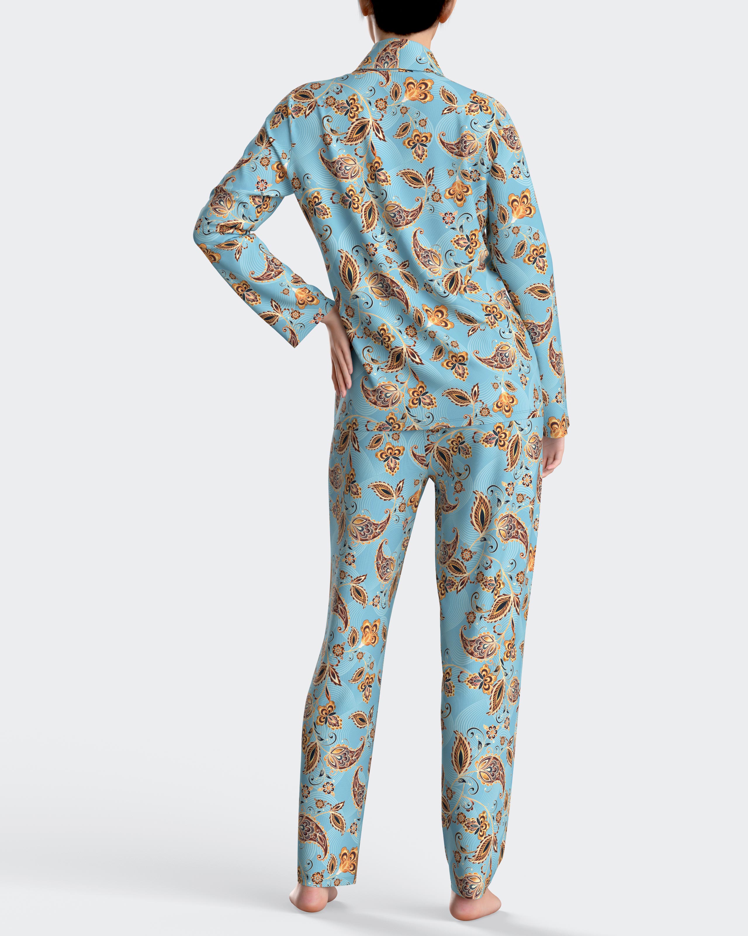 Pijama de mujer largo con botones estampado paisley - Impetus - Azul Azul-2