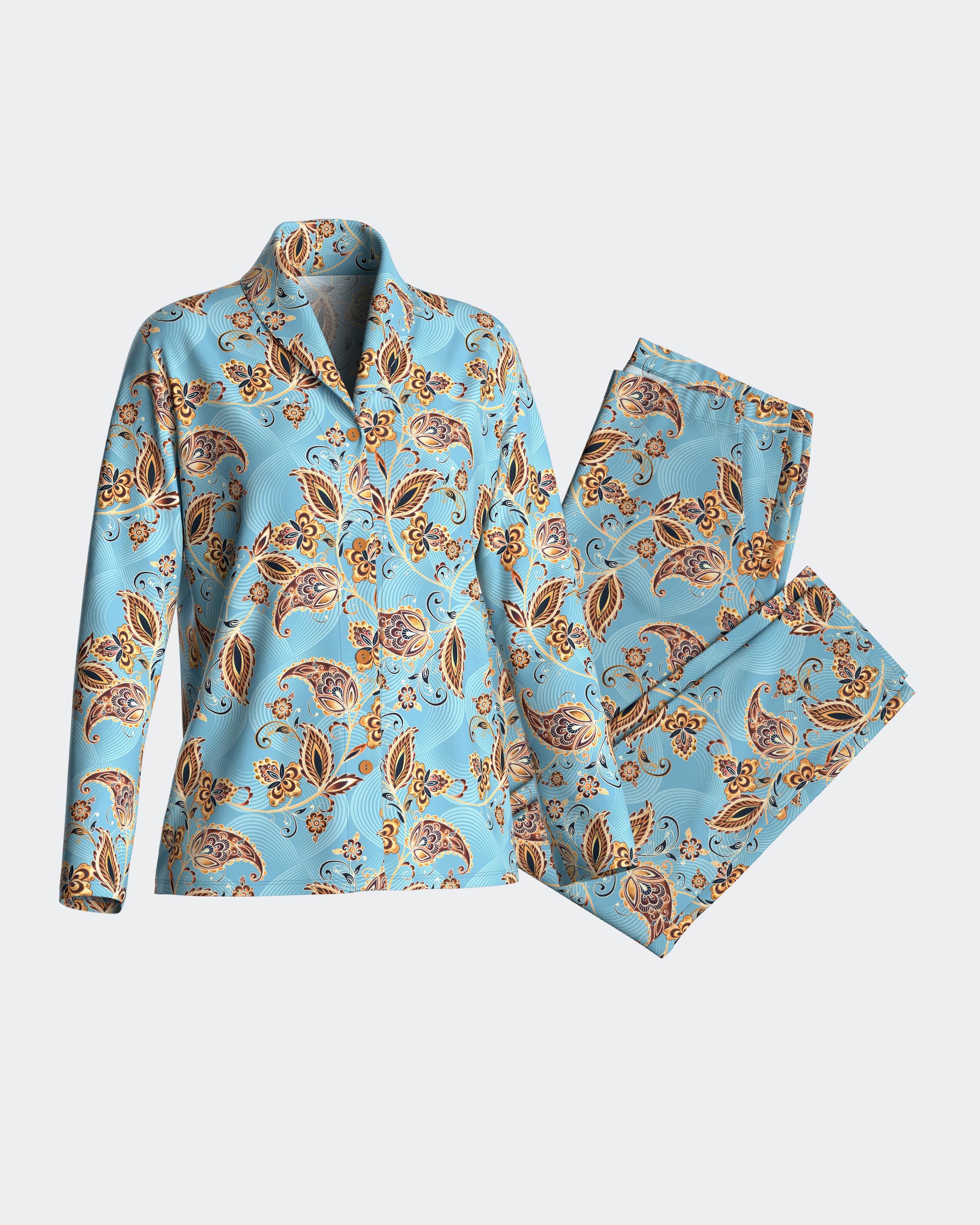 Pijama de mujer largo con botones estampado paisley - Impetus - Azul Azul-4