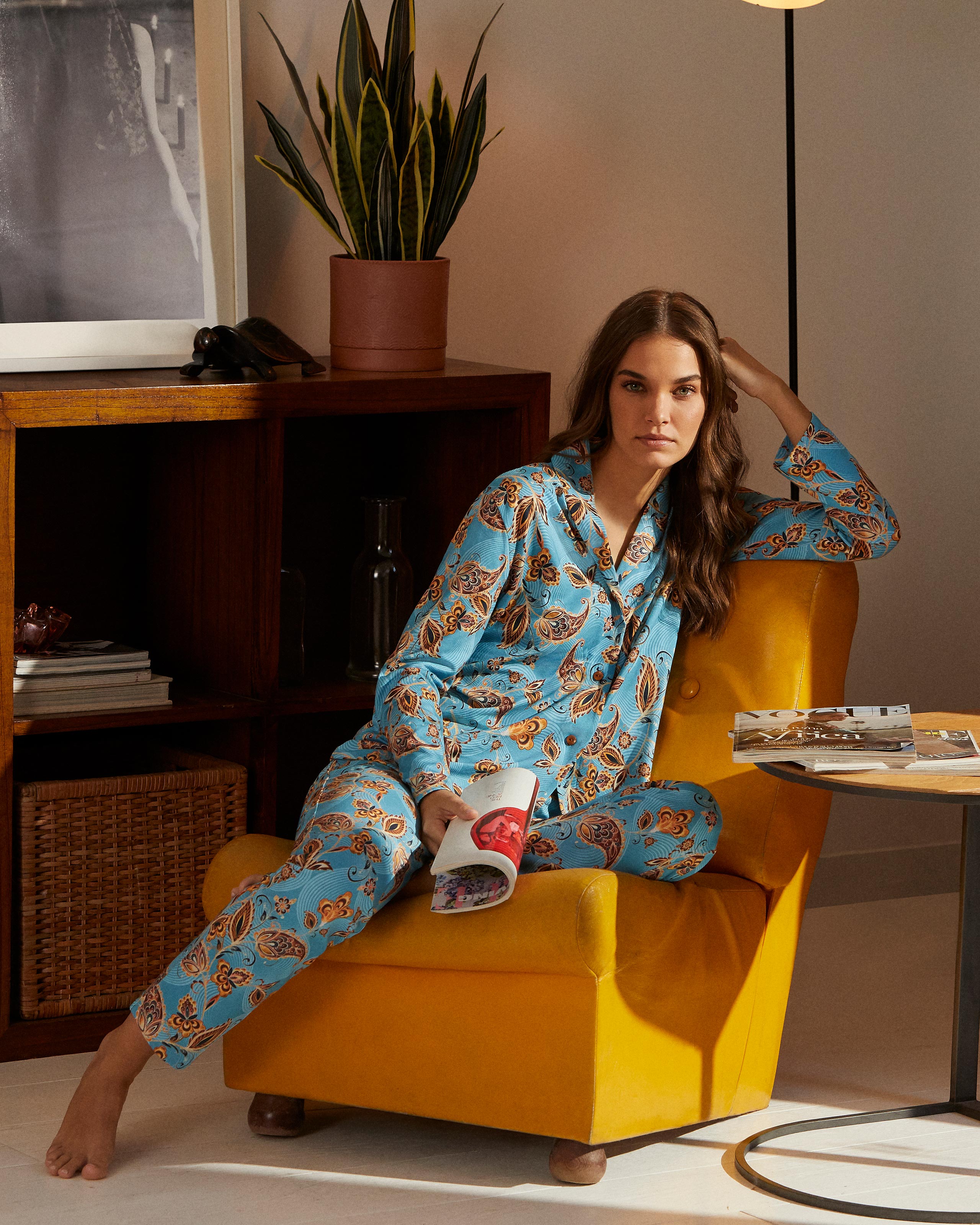 Pijama de mujer largo con botones estampado paisley - Impetus - Azul Azul-3