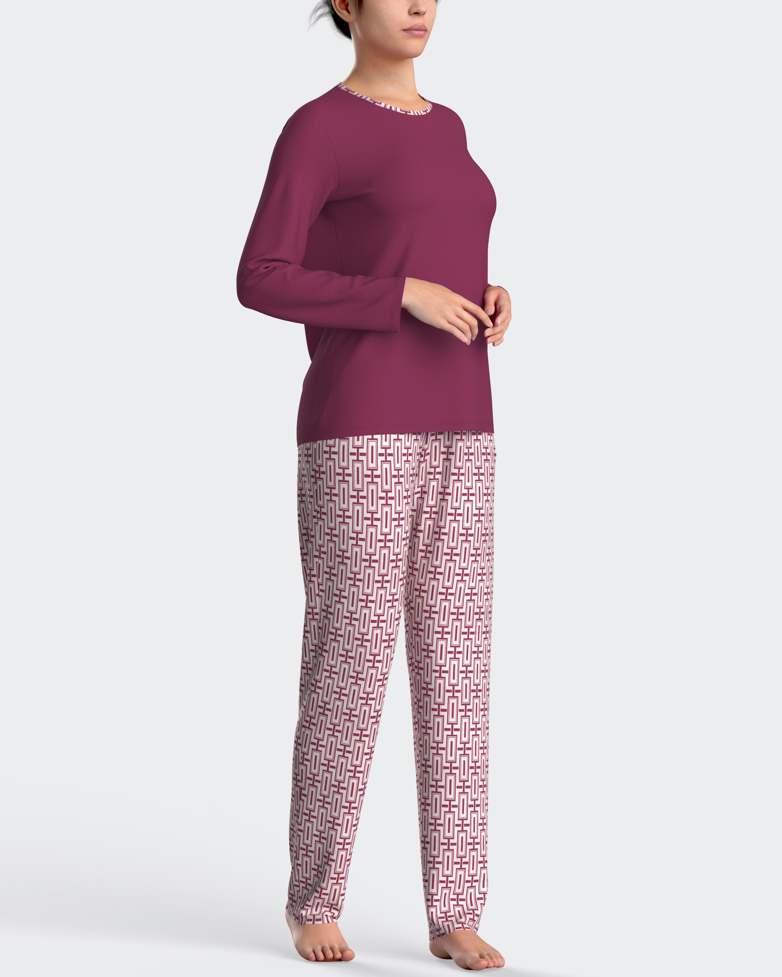 Pijama de mujer largo estampado en algodón modal - Impetus - Rosa / Blanco Rosa / Blanco-1