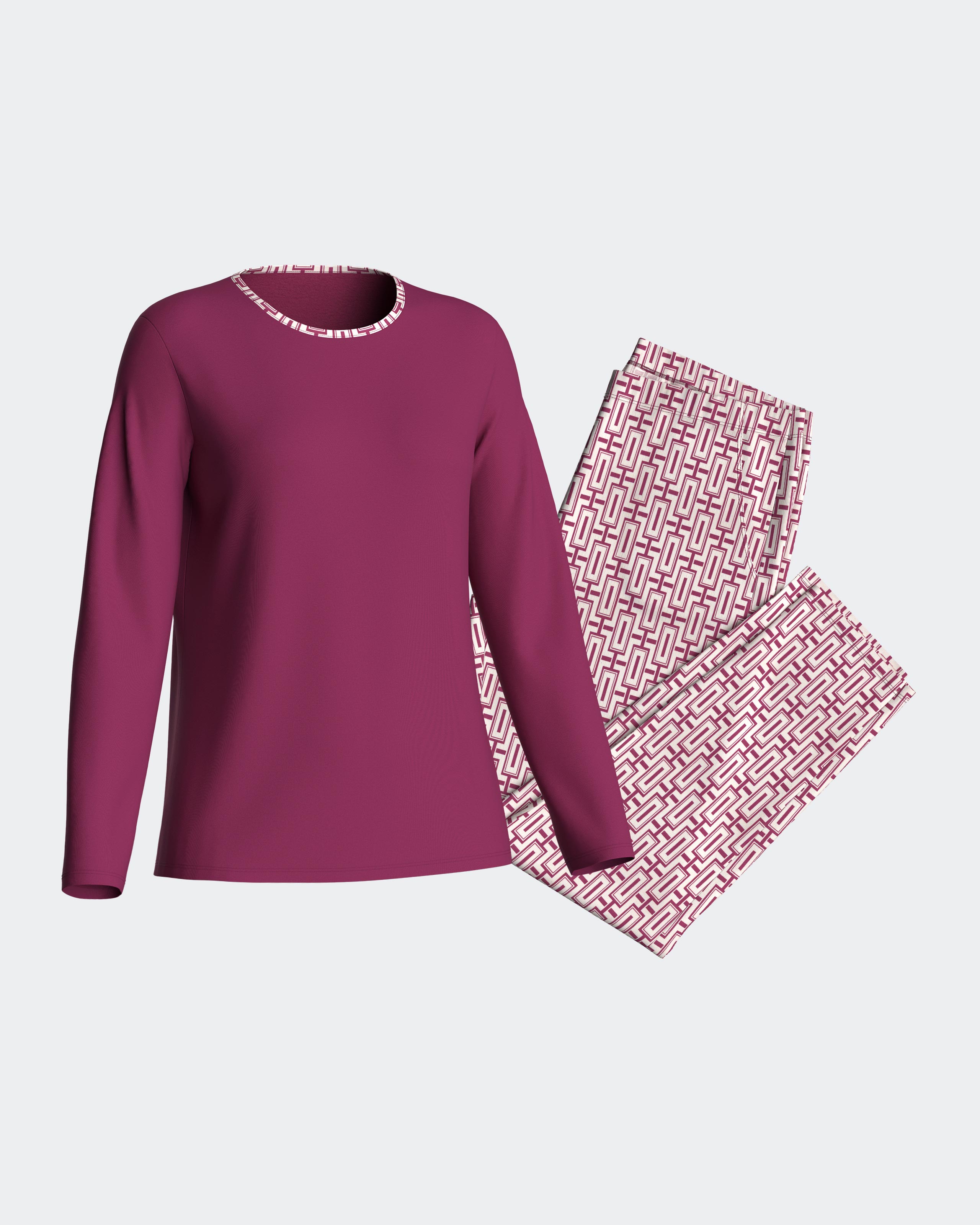 Pijama de mujer largo estampado en algodón modal - Impetus - Rosa / Blanco Rosa / Blanco-3