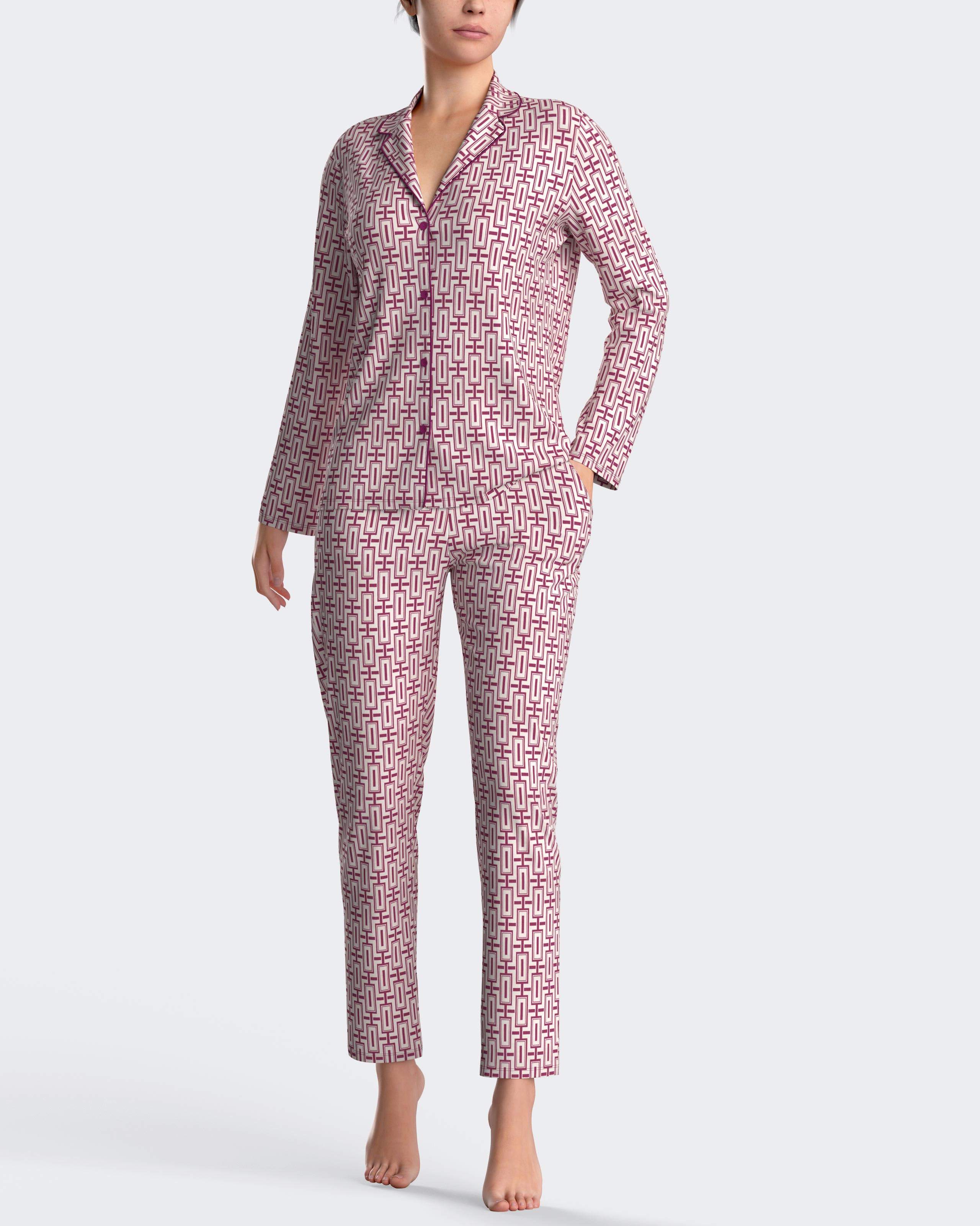 Pijama de mujer largo con botones en algodón modal - Impetus - Rosa / Blanco Rosa / Blanco-1