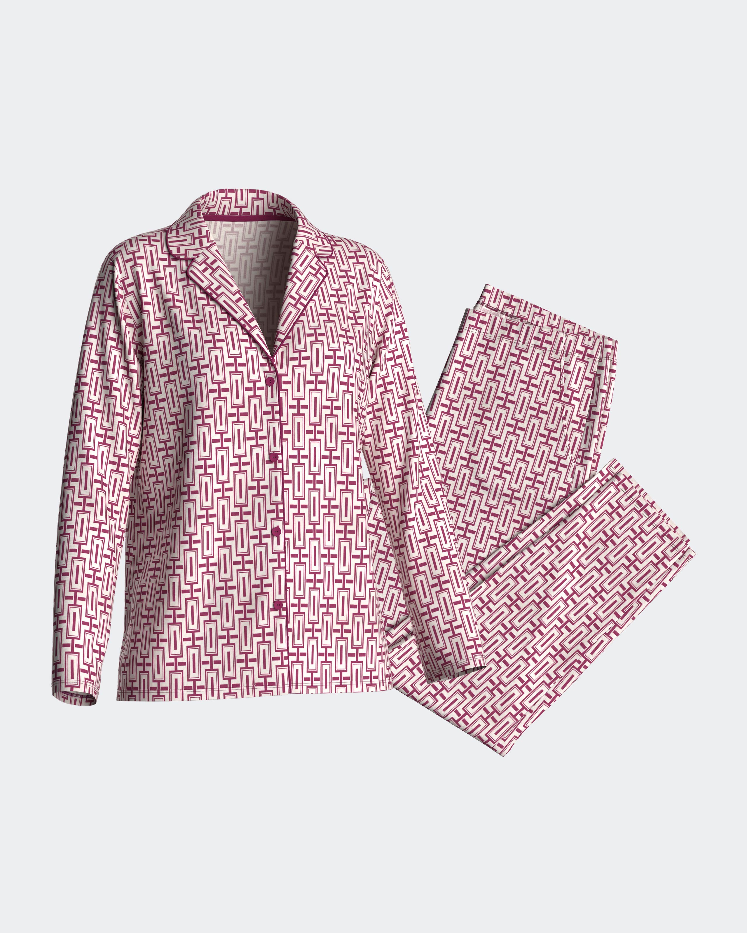 Pijama de mujer largo con botones en algodón modal - Impetus - Rosa / Blanco Rosa / Blanco-3