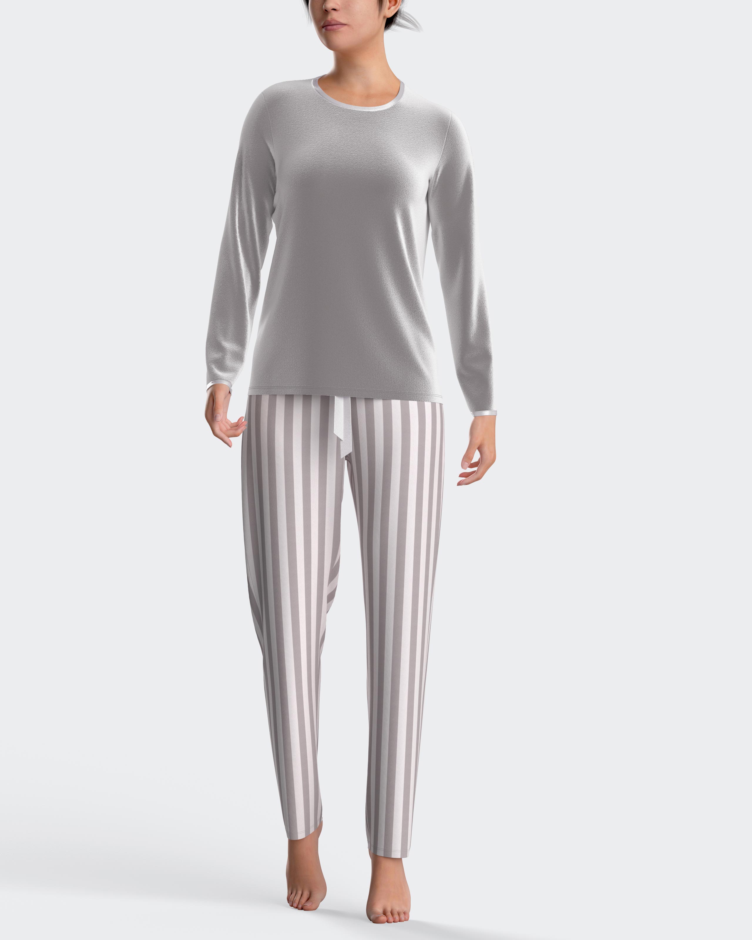 Pijama de mujer largo en terciopelo en algodón modal - Impetus - Gris / Blanco Gris / Blanco-1