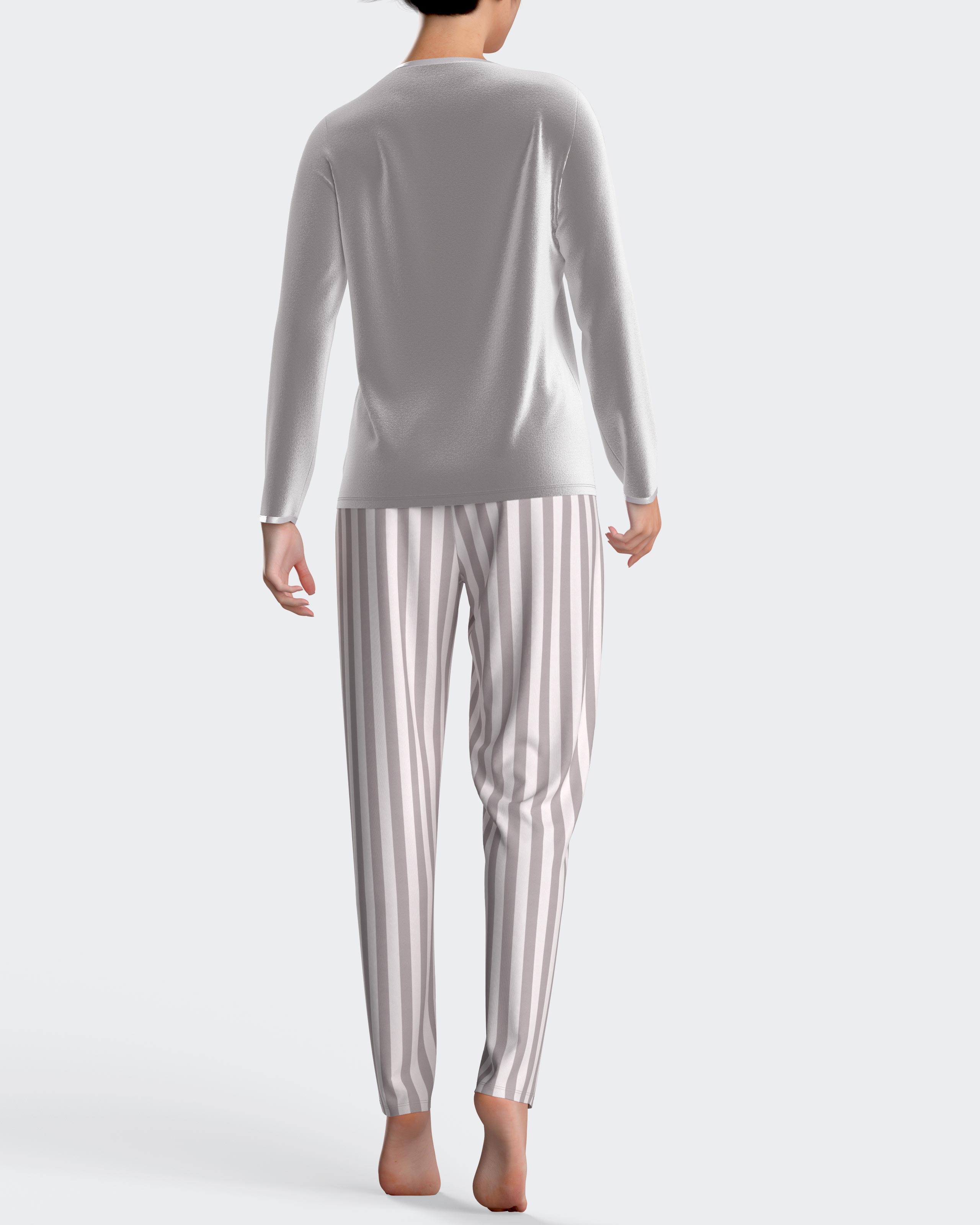 Pijama de mujer largo en terciopelo en algodón modal - Impetus - Gris / Blanco Gris / Blanco-2