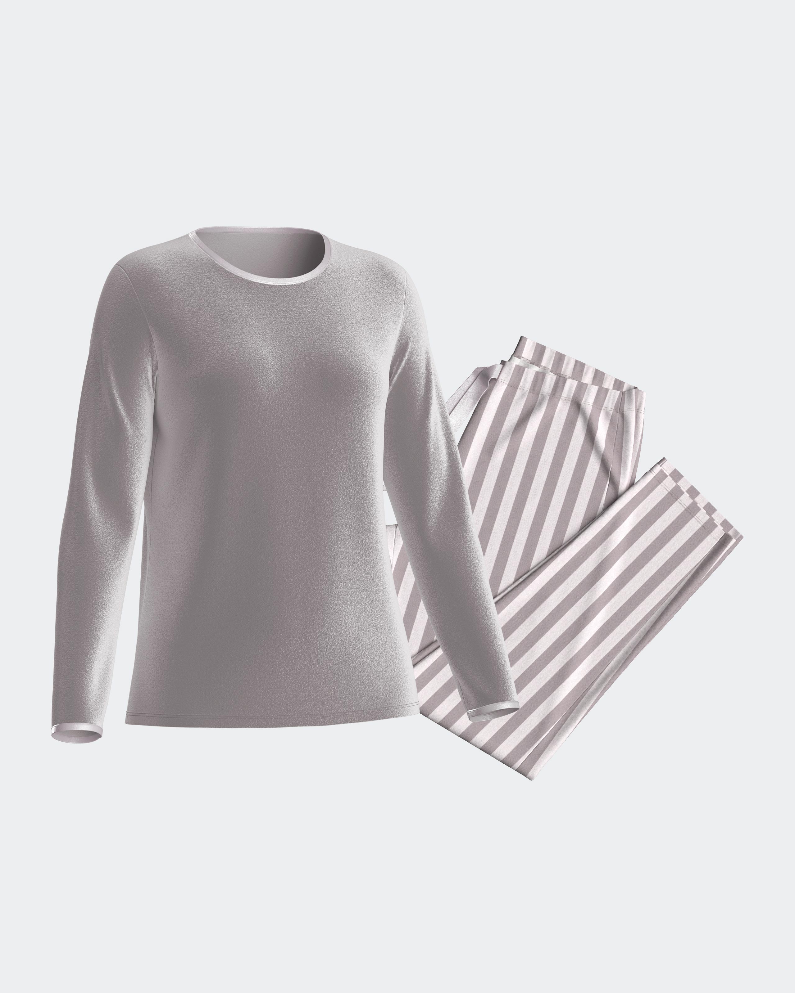 Pijama de mujer largo en terciopelo en algodón modal - Impetus - Gris / Blanco Gris / Blanco-3