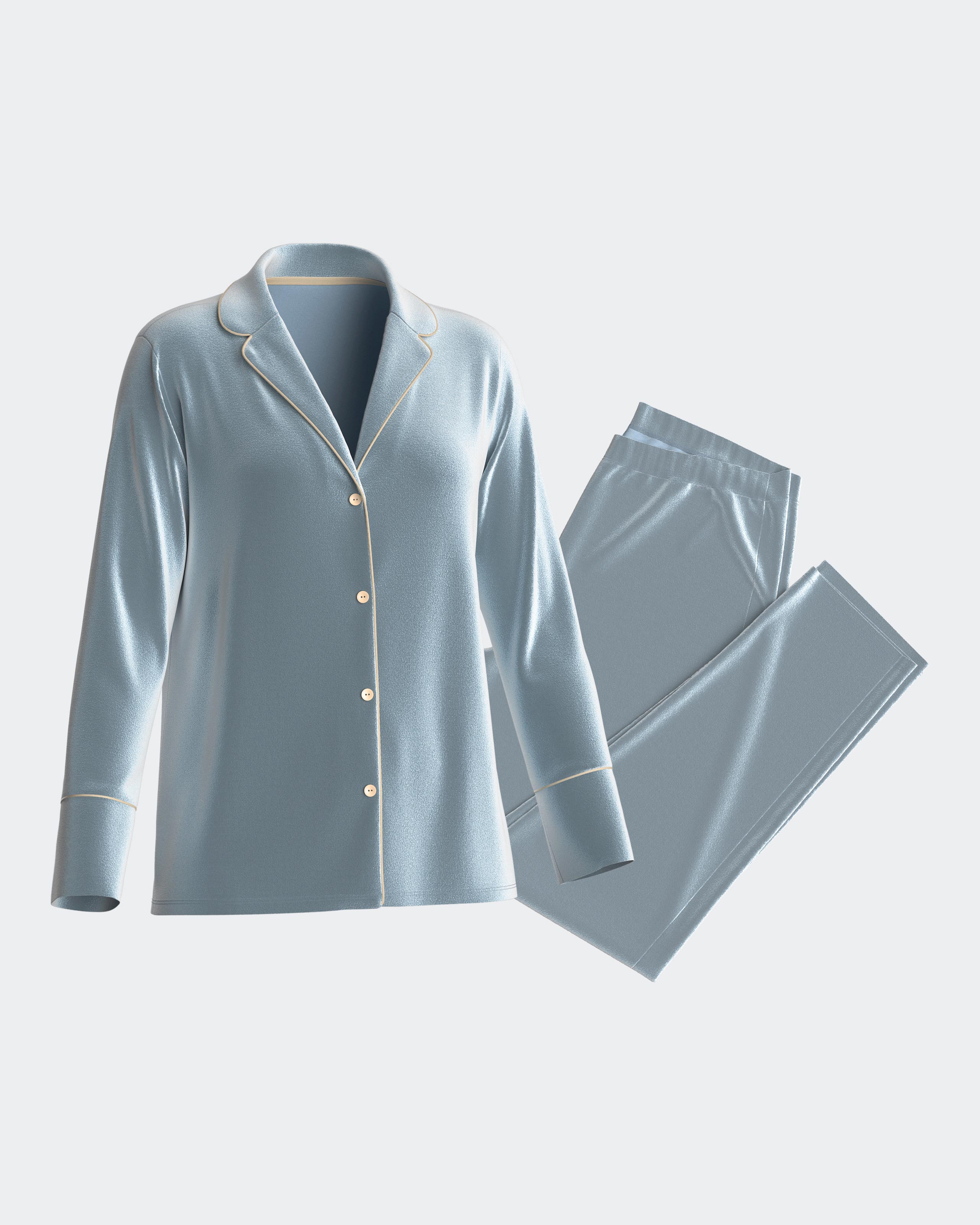 Pijama de mujer largo con botones en terciopelo - Impetus - Azul Azul-4