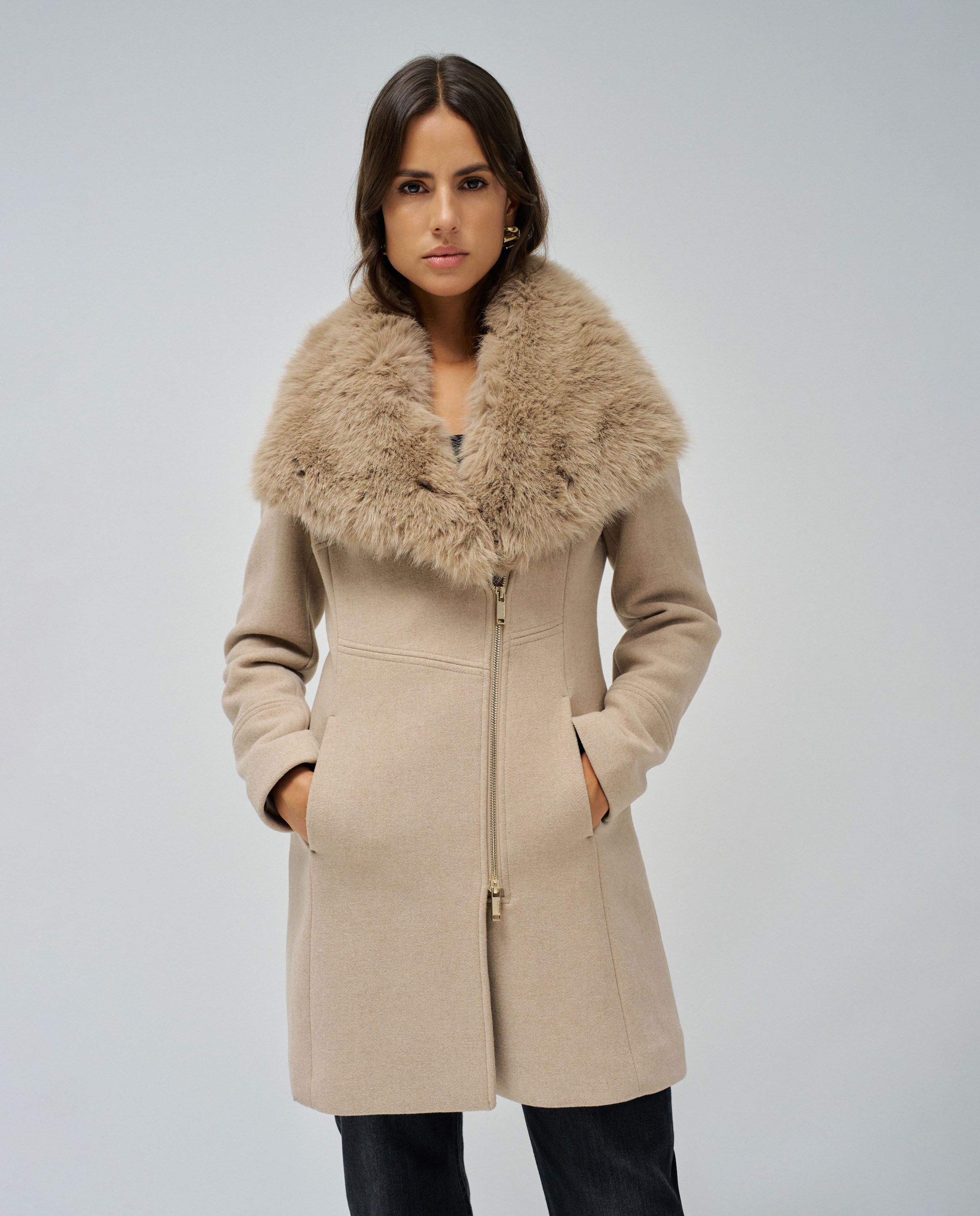 Abrigo de paño de mujer Grace con pelo y cierre de cremallera - Salsa Jeans - Beige Beige-1