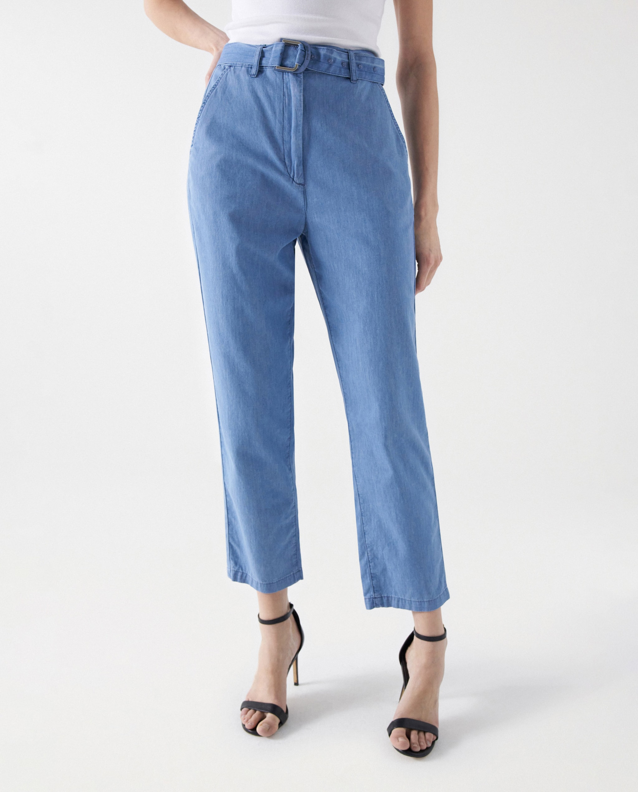 Pantalón recto de mujer tipo chino cropped slim en lightdenim - Salsa Jeans - Azul Azul-2