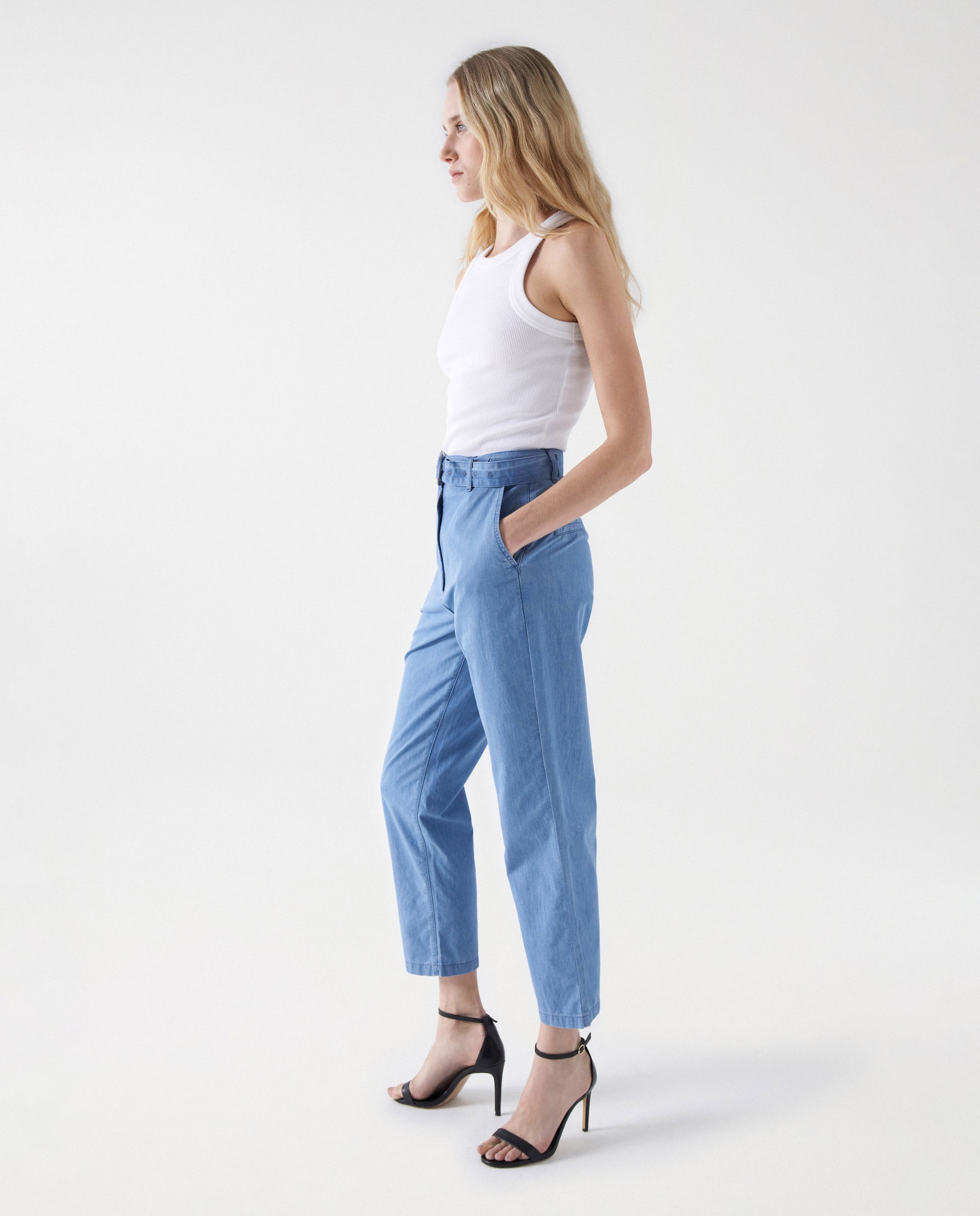 Pantalón recto de mujer tipo chino cropped slim en lightdenim - Salsa Jeans - Azul Azul-5