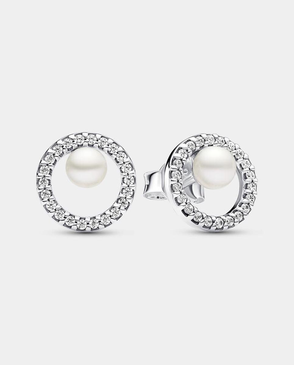 Pendientes de botón perla cultivada de agua dulce y halo en pavé - PANDORA - Blanco Blanco-1
