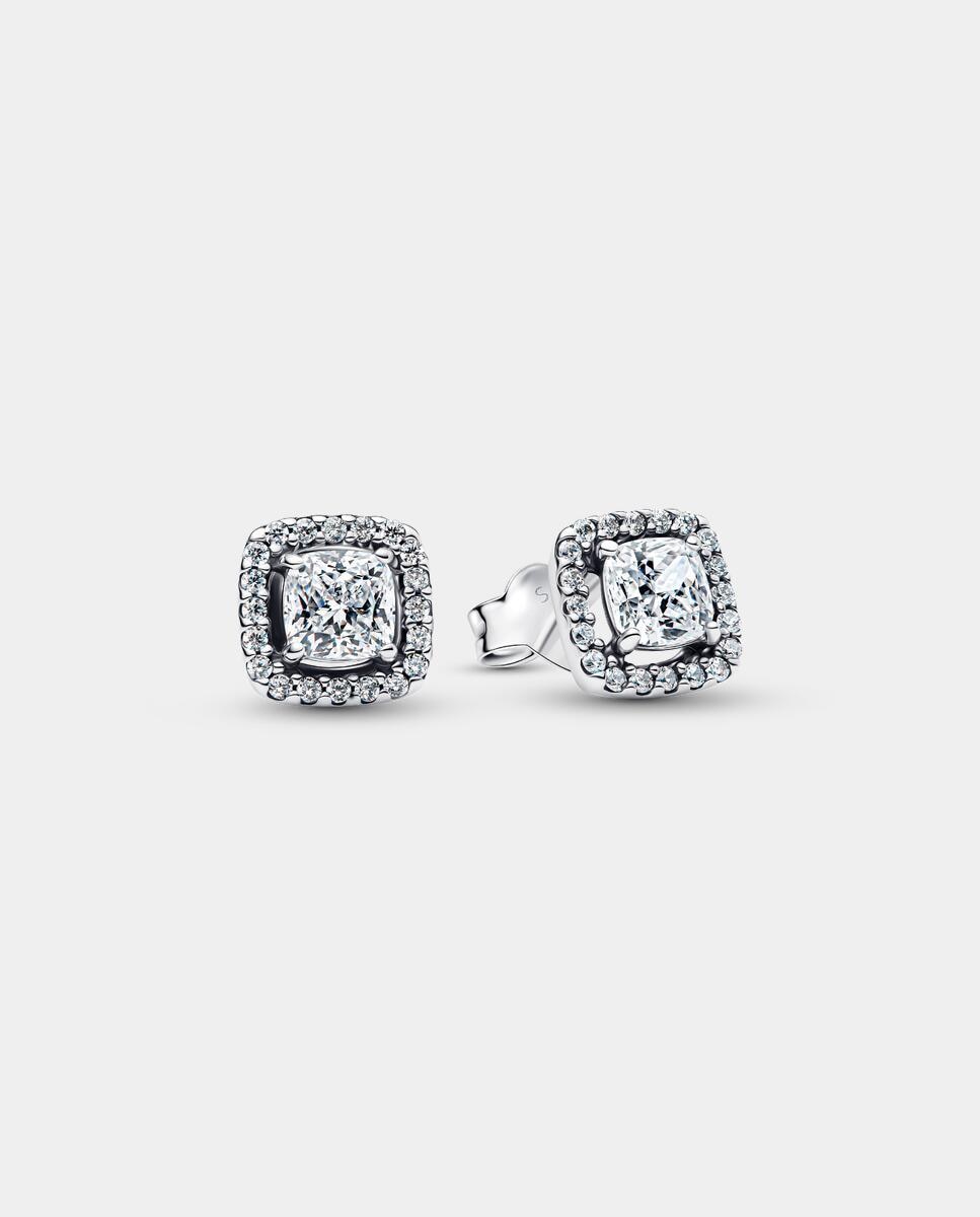 Pendientes en plata de ley de botón halo cuadrado brillante - PANDORA - Blanco Blanco-1