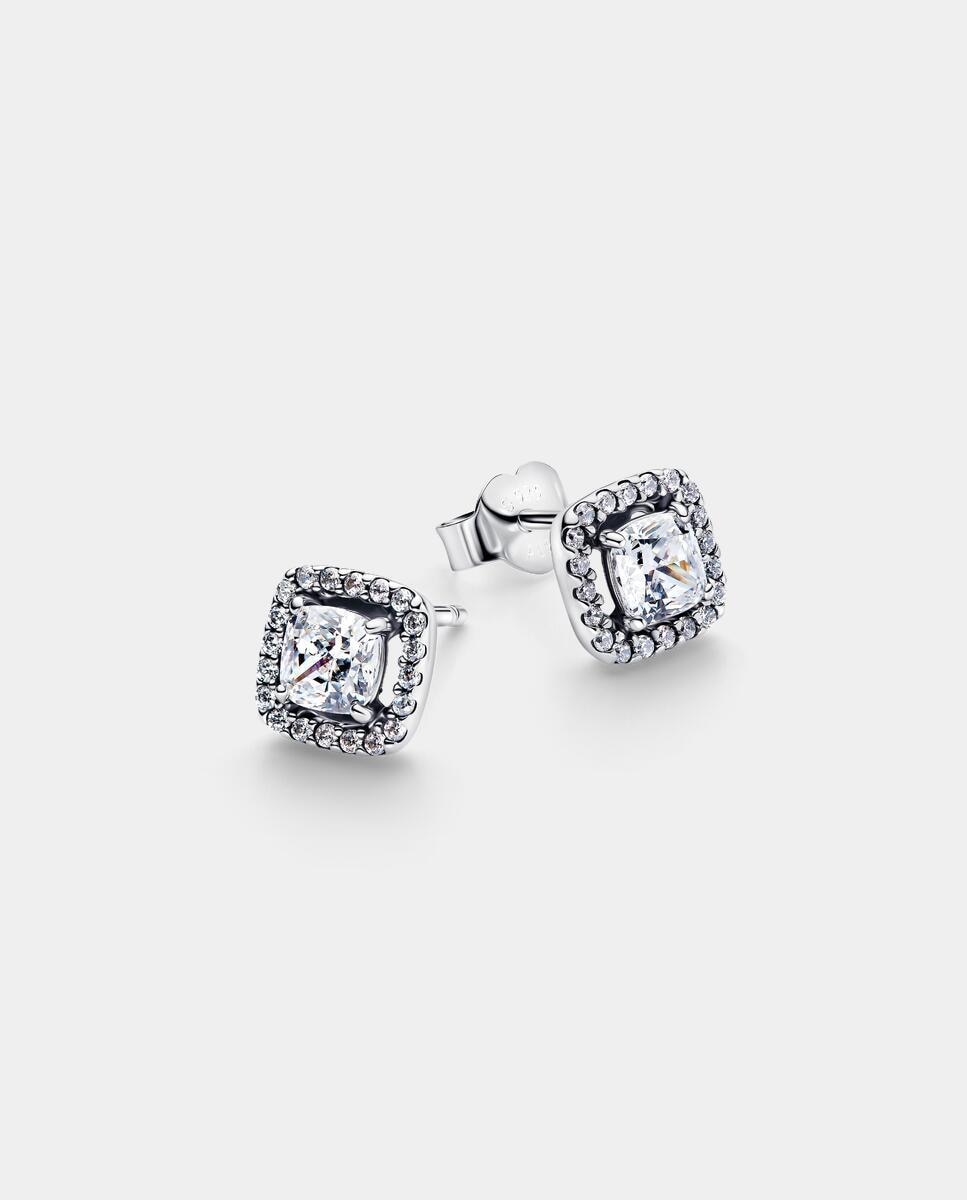 Pendientes en plata de ley de botón halo cuadrado brillante - PANDORA - Blanco Blanco-2
