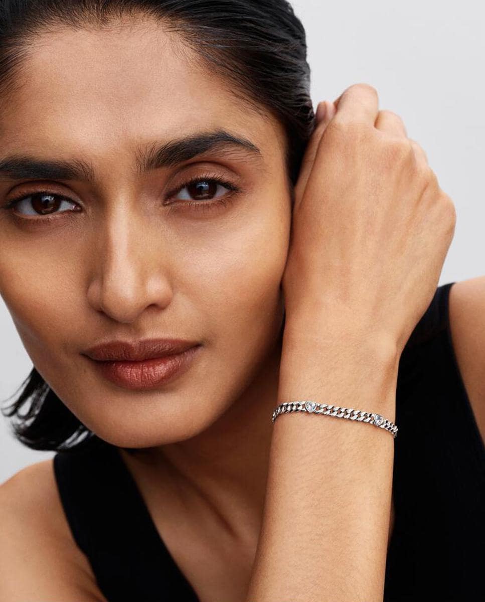 Pulsera en plata de ley de Cadena Cubana Corazón Blanco-3