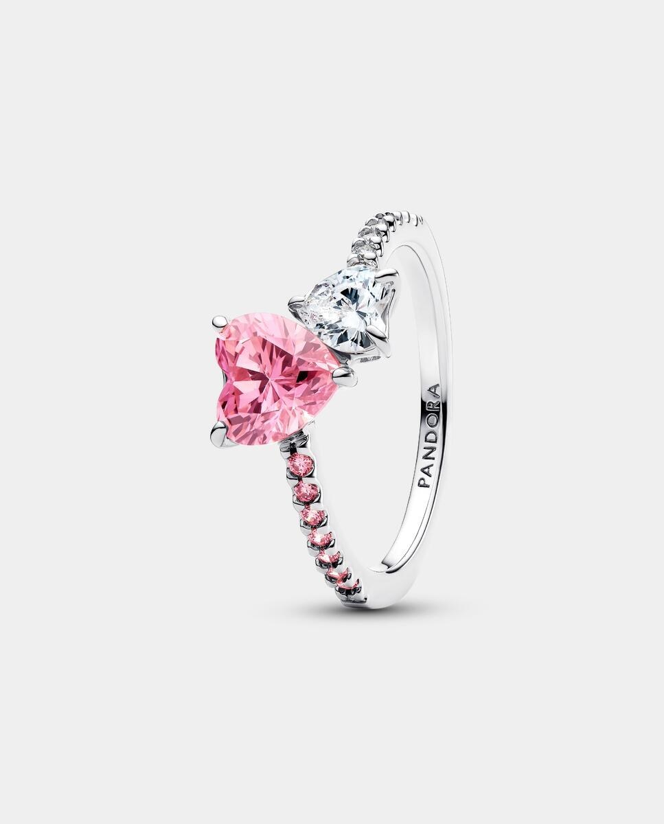 Imagen 0 de Anillo brillante doble corazón rosa y transparente Rosa
