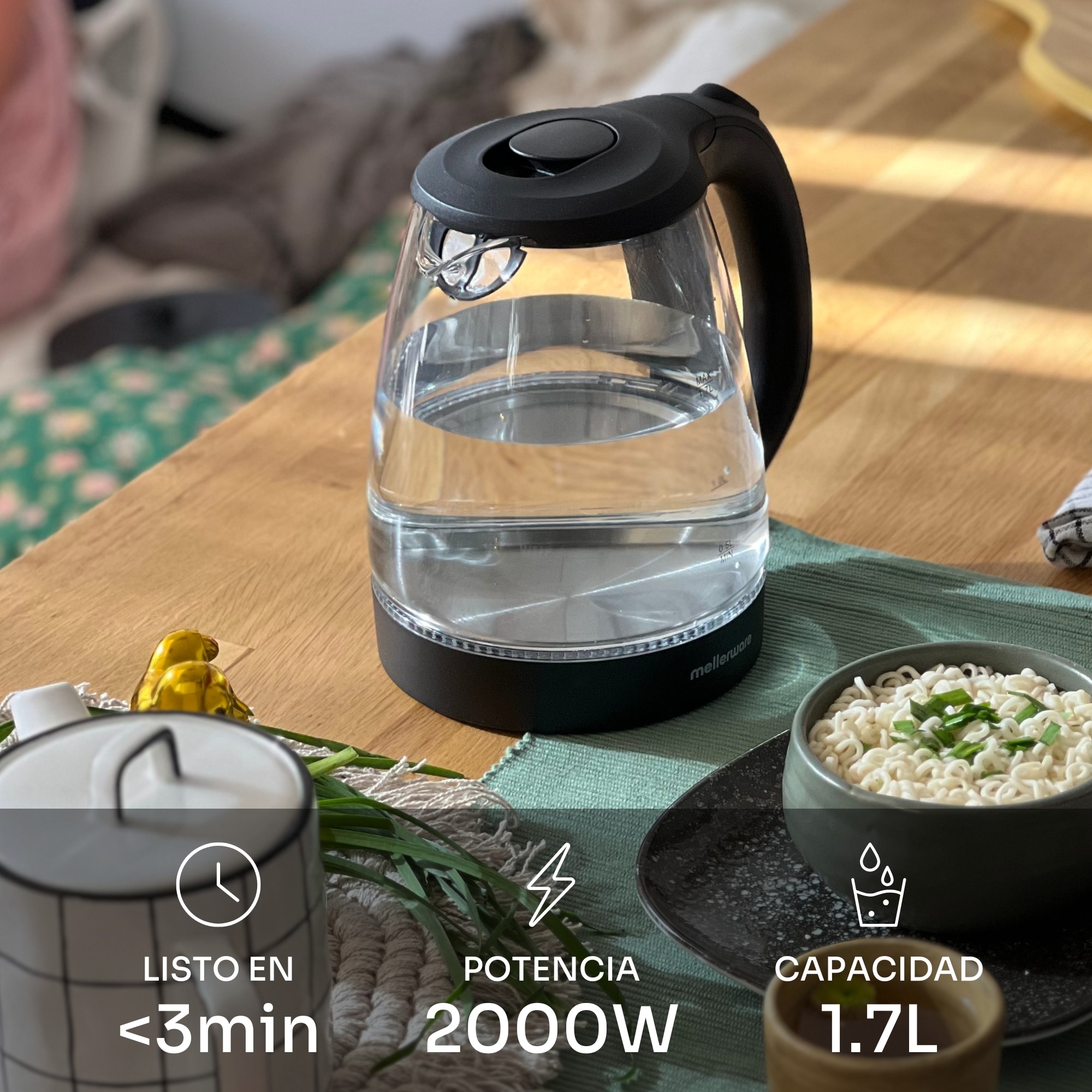 Hervidor Mellerware SPRING Basic, 2200W, 1.7L, <3min - Negro Negro-2