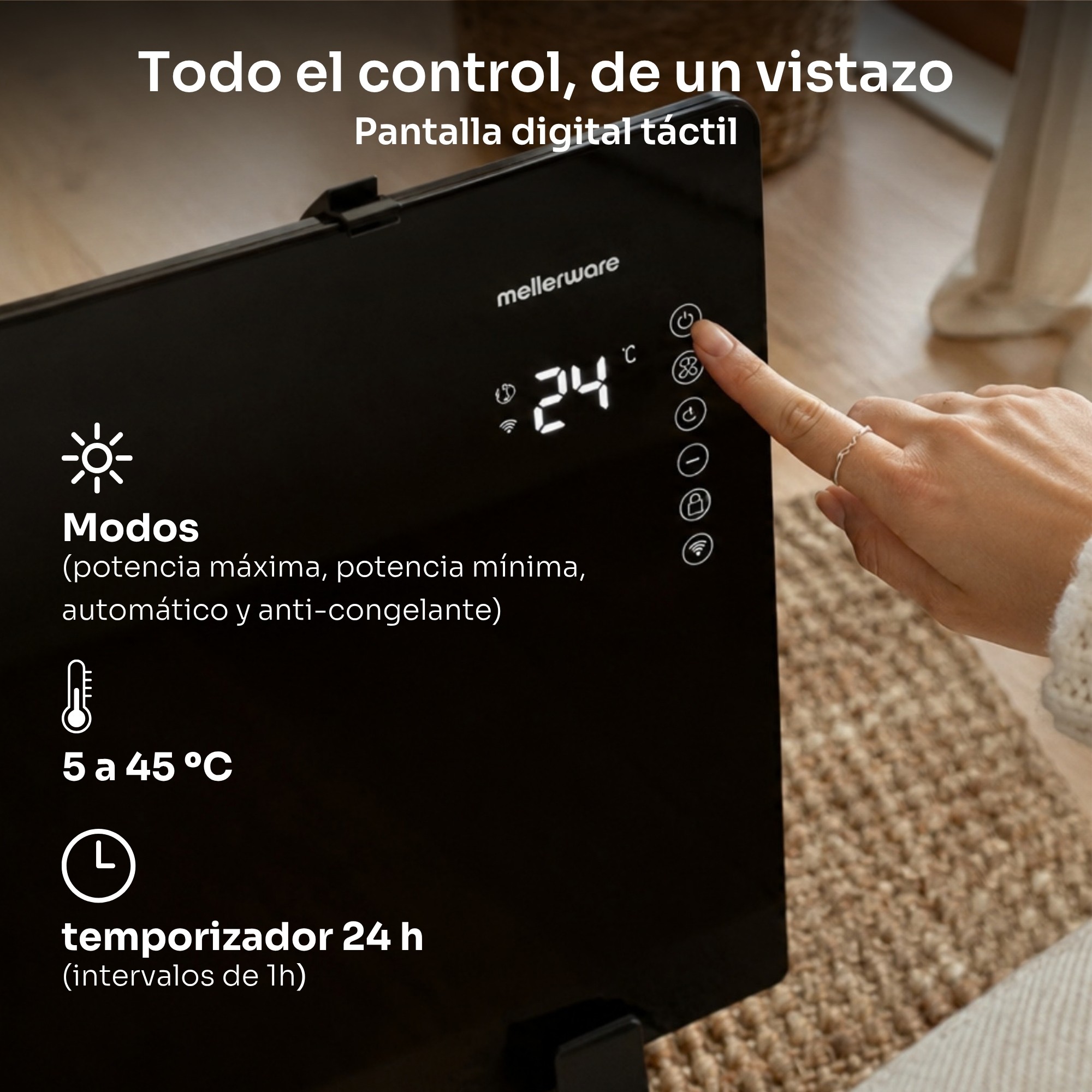 Imagen 5 de RadIador eléctrico cristal Mellerware Warmy Move Wifi - Negro Negro