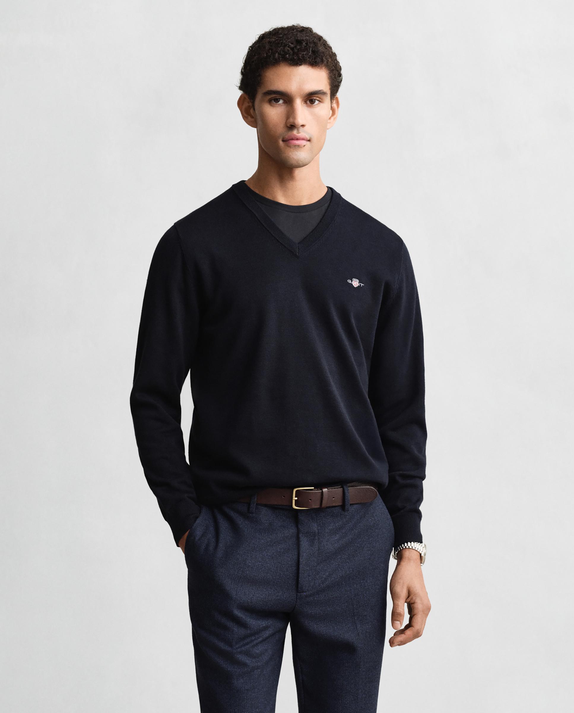 Imagen 0 de Jersey de hombre de algodón con cuello de pico Azul