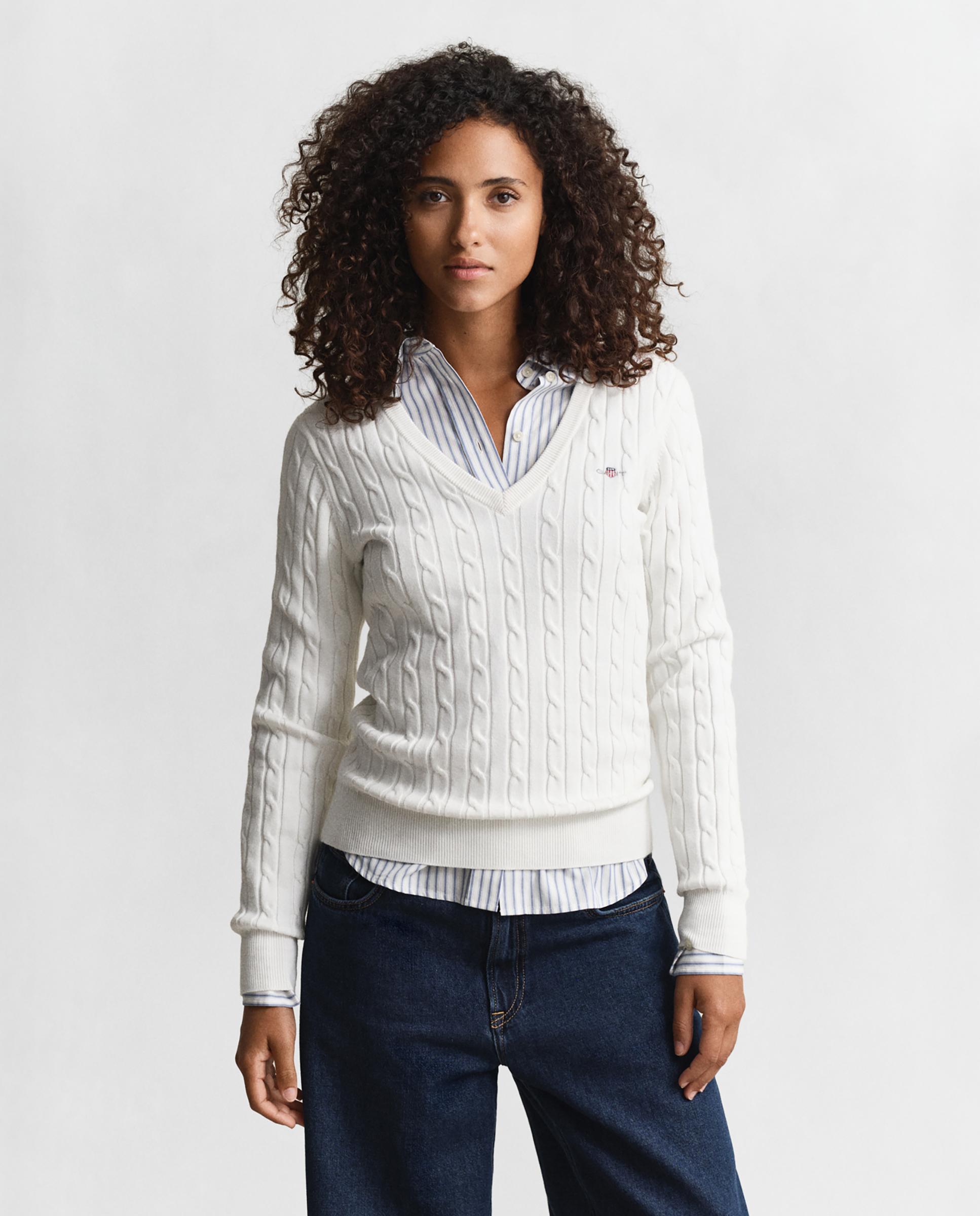 Jersey de mujer de punto de ochos y cuello en pico - Gant - Blanco Blanco-5