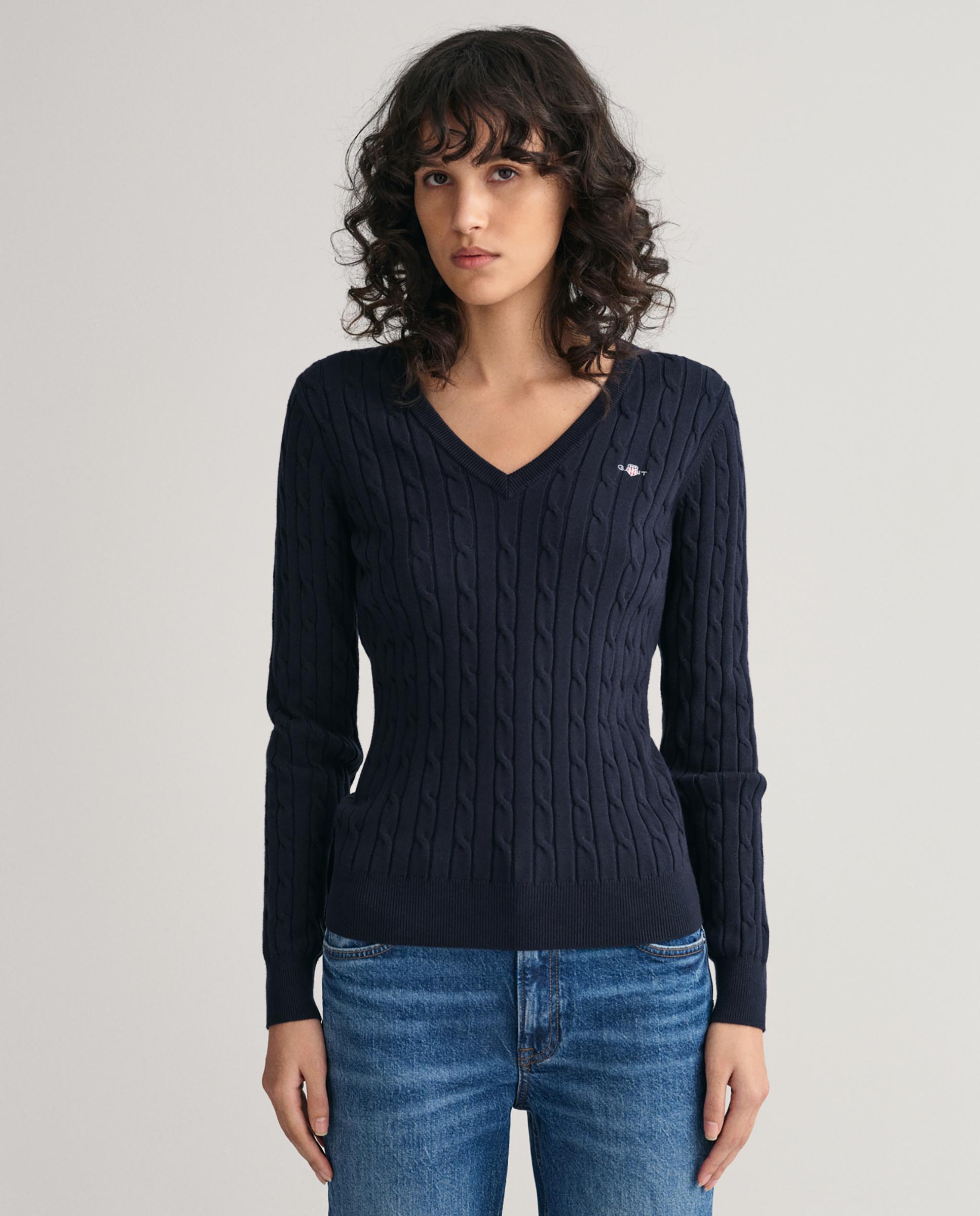 Jersey de mujer de punto de ochos y cuello en pico - Gant - Azul Azul-1