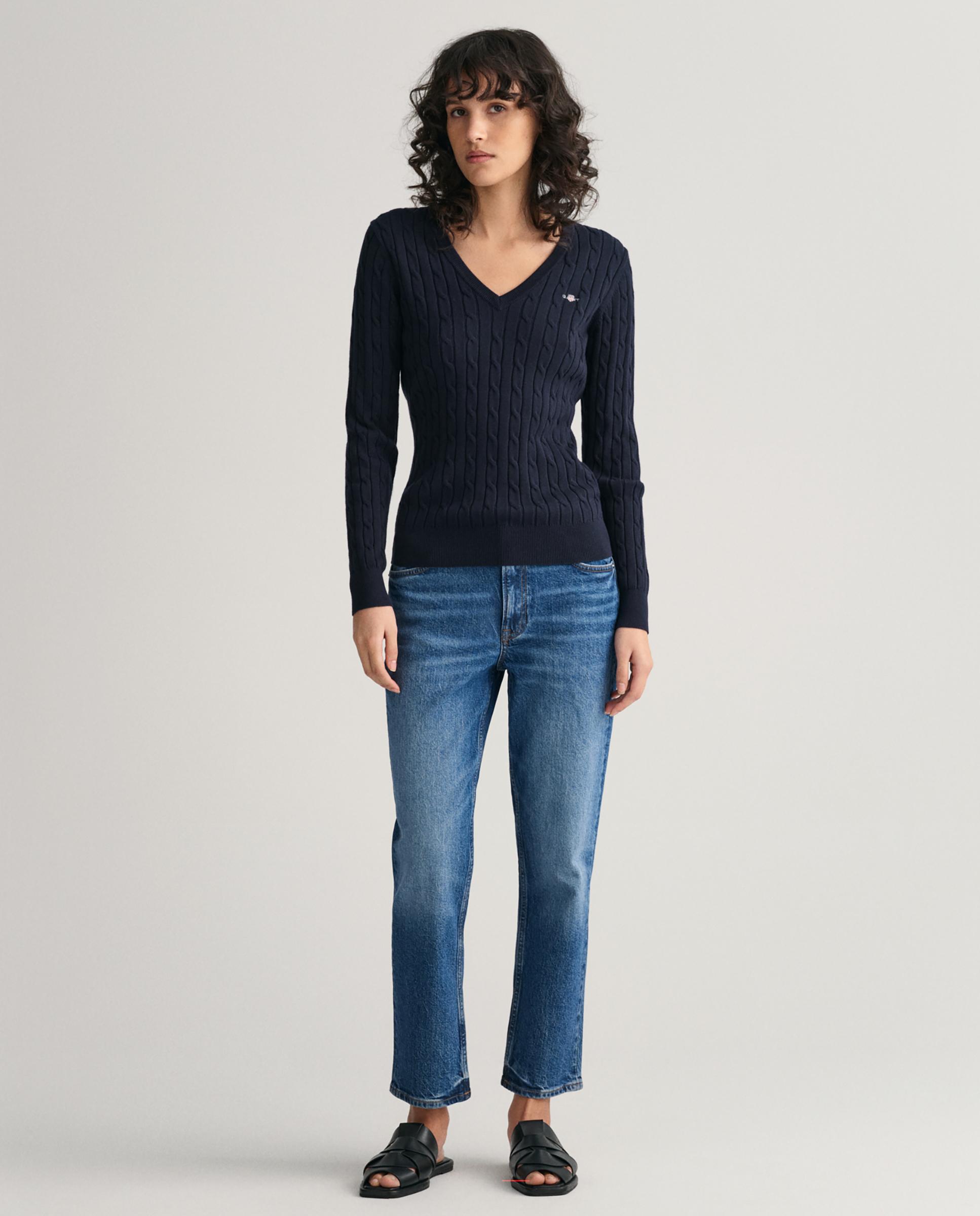 Jersey de mujer de punto de ochos y cuello en pico - Gant - Azul Azul-3