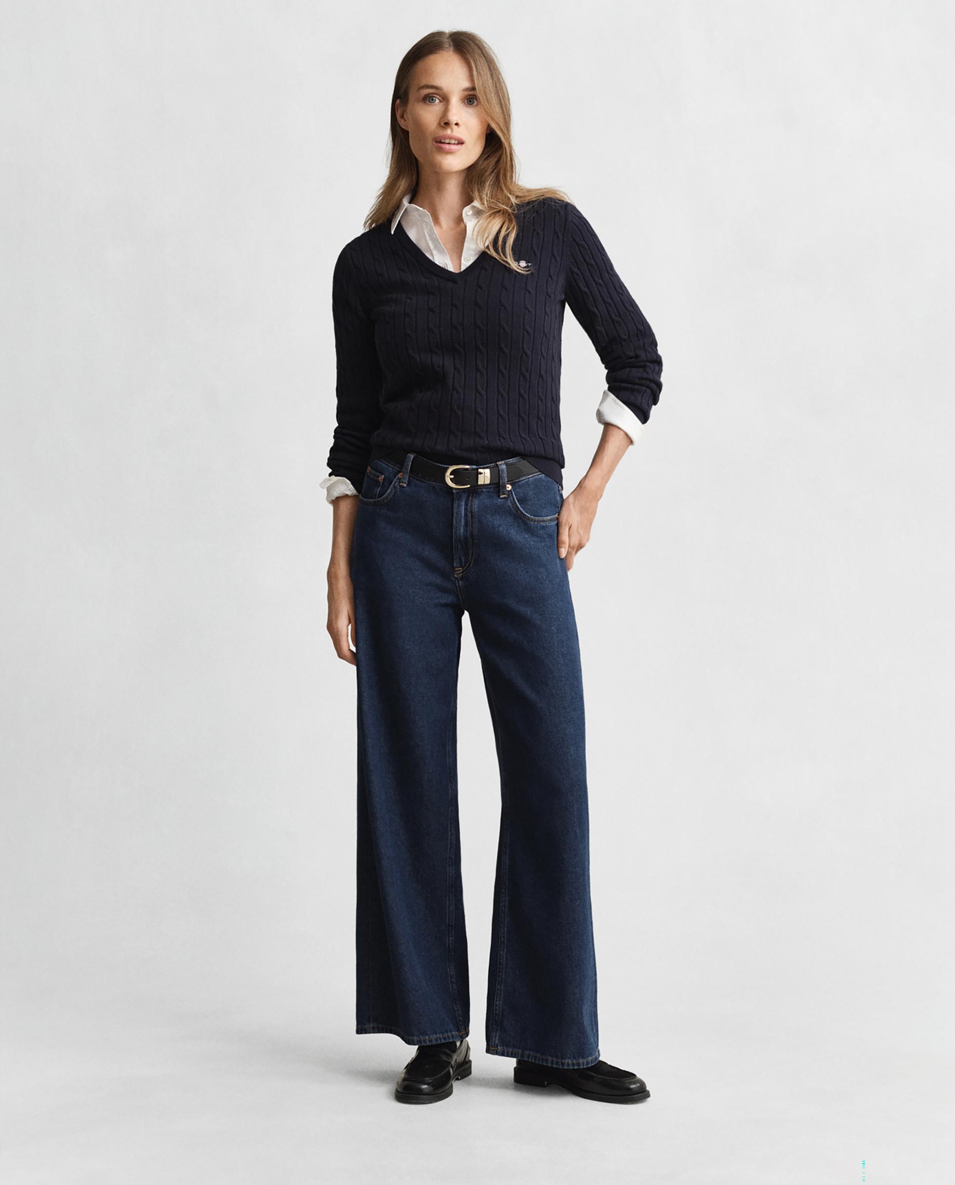 Jersey de mujer de punto de ochos y cuello en pico - Gant - Azul Azul-4
