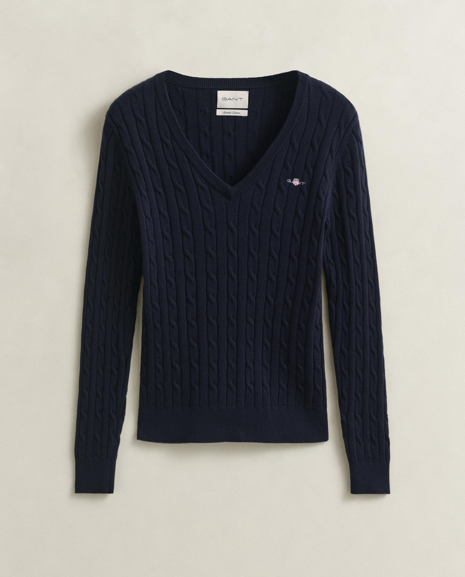 Jersey de mujer de punto de ochos y cuello en pico - Gant - Azul Azul-9