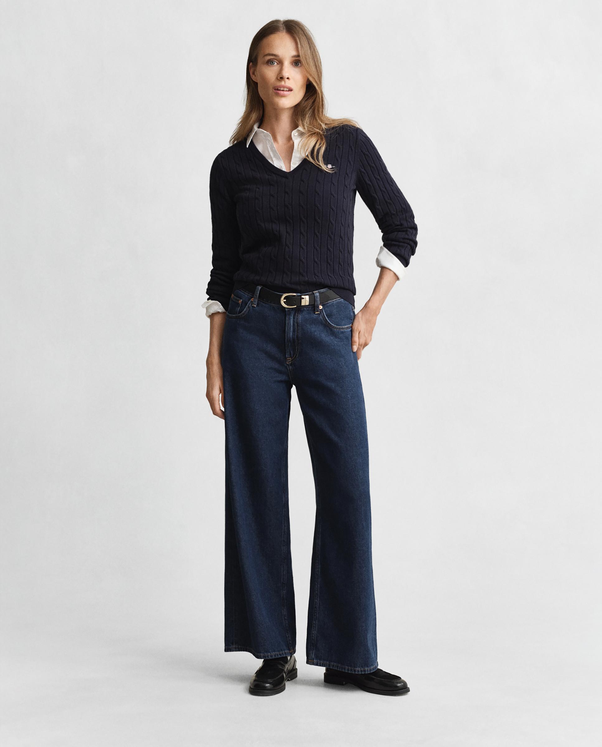 Jersey de mujer de punto de ochos y cuello en pico - Gant - Azul Azul-8
