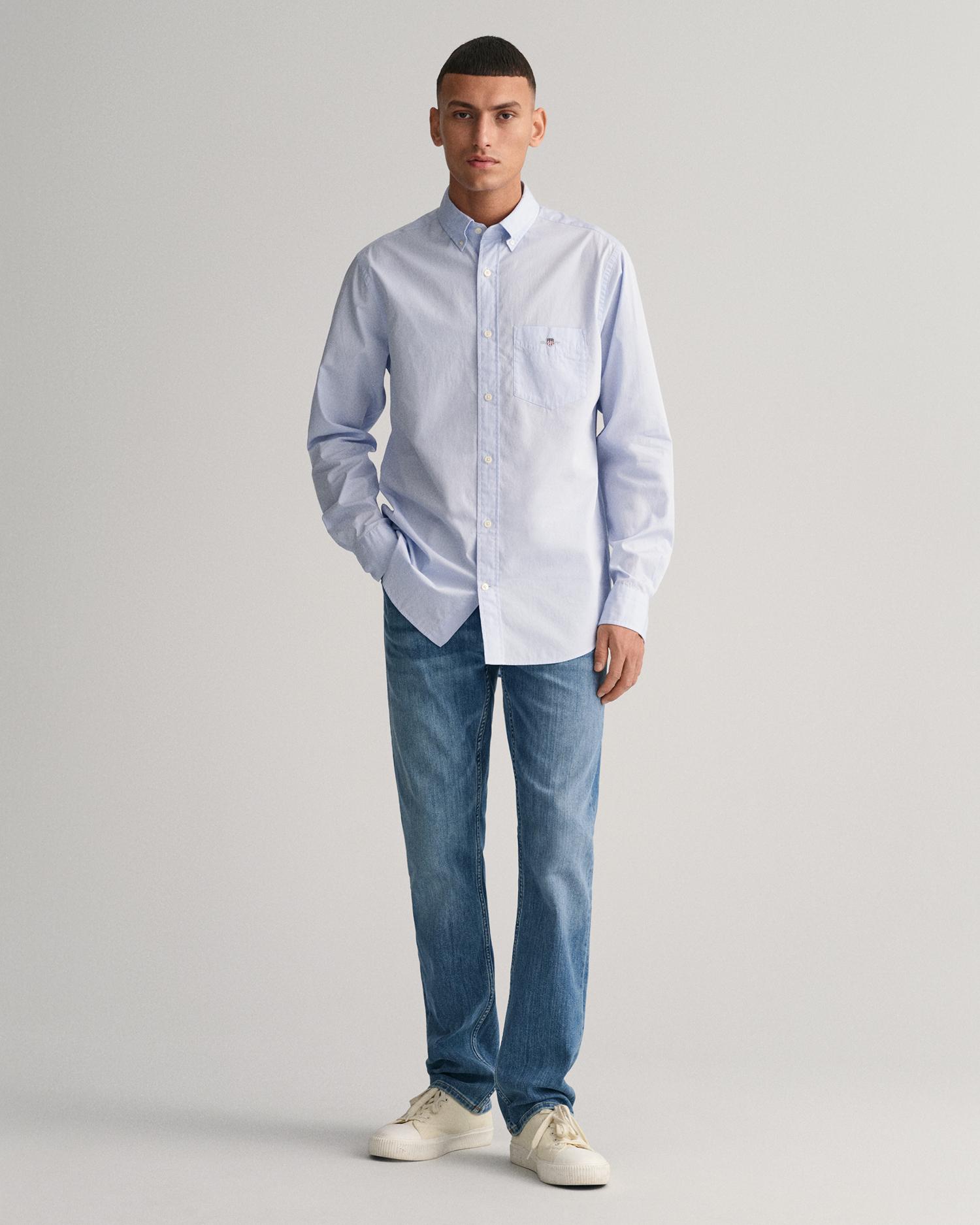 Camisa de hombre lisa de manga larga y corte regular - Gant - Azul marino Azul claro-5