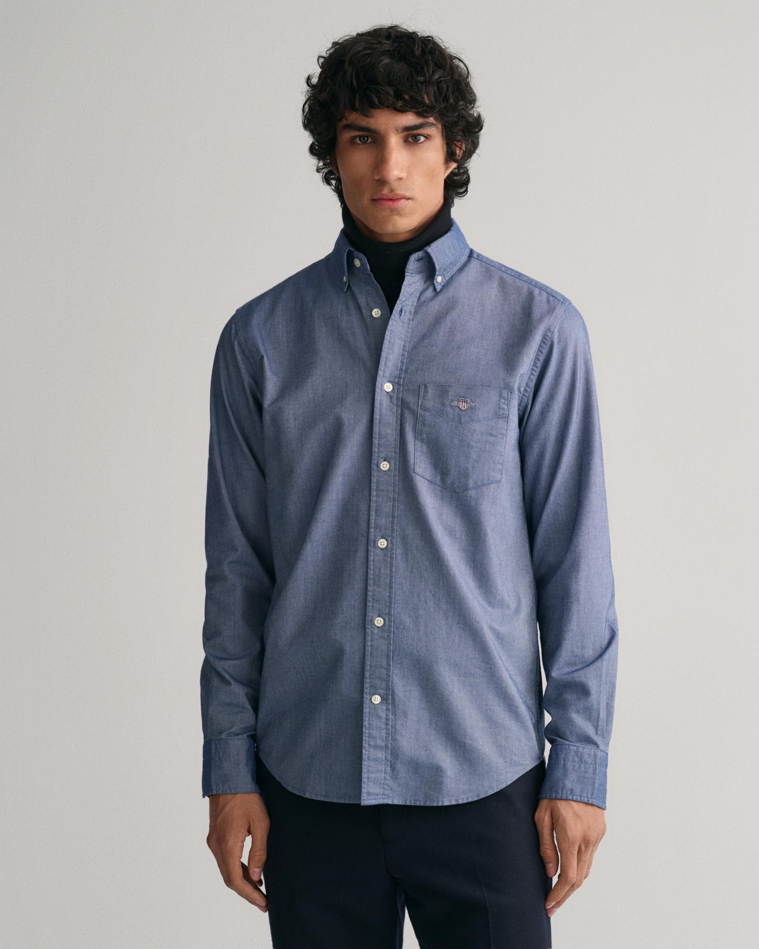Camisa oxford de hombre con bolsillo en el pecho con logo decorativo - Azul denim Azul denim-5
