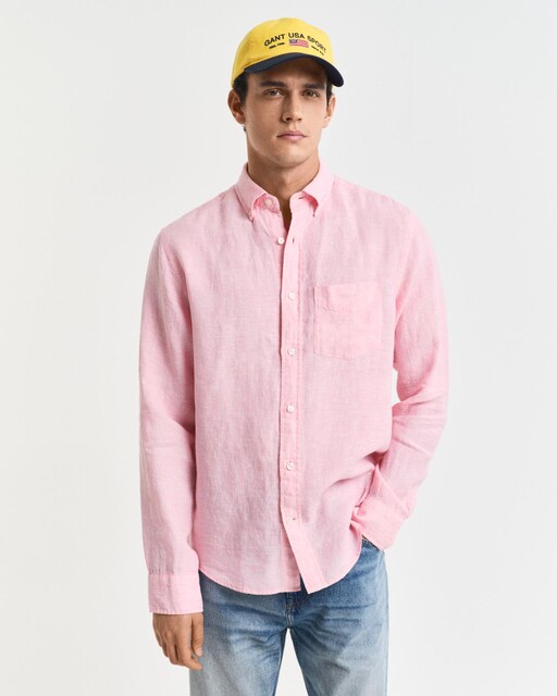 Camisa de lino de hombre de manga larga con bolsillo en el pecho