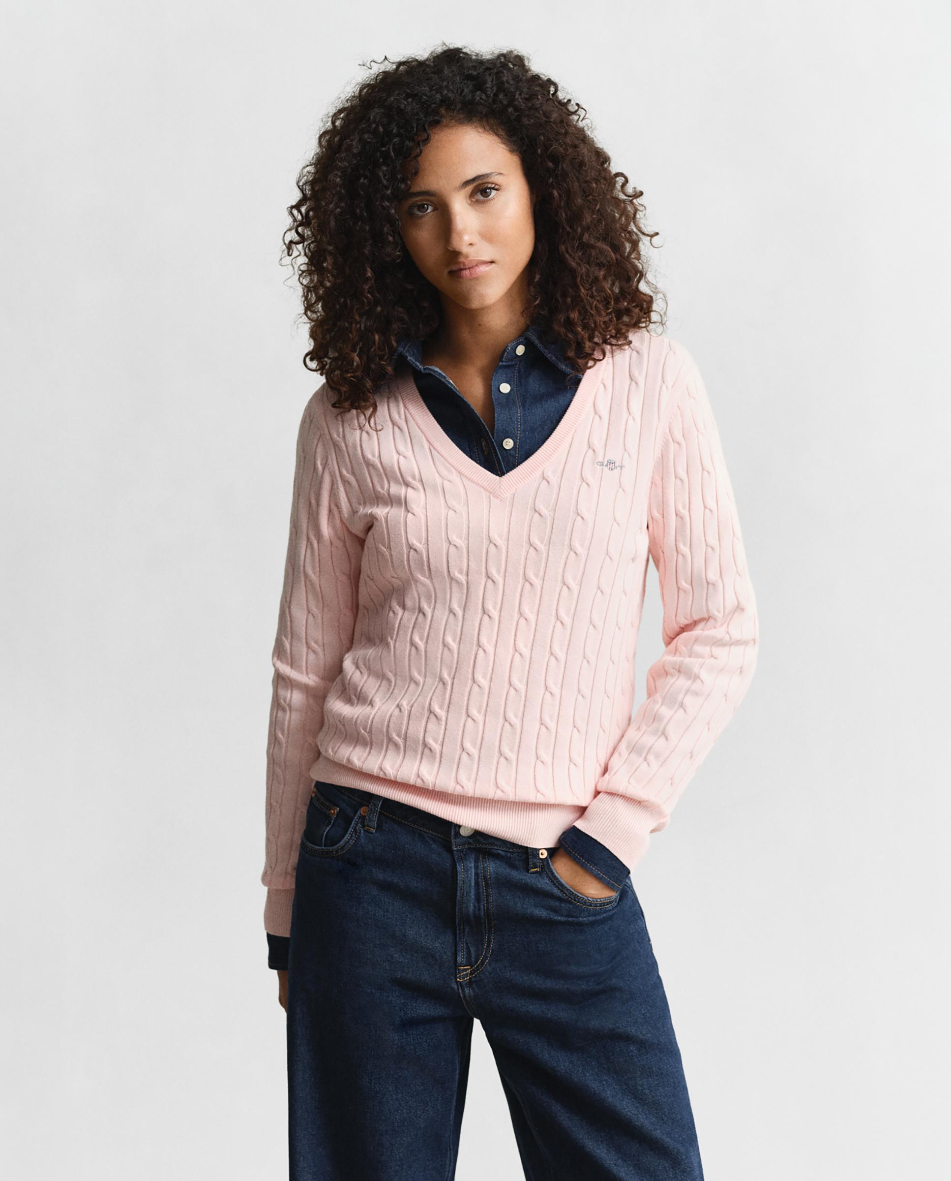 Jersey de mujer de cuello de pico en punto de ochos - Gant - Rosa Rosa-1